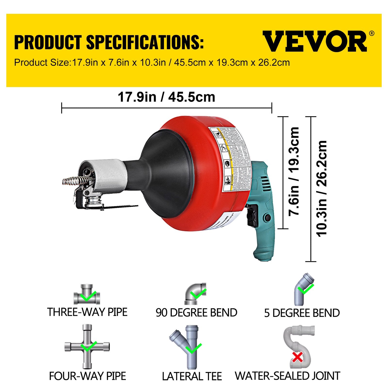 VEVOR 26 Ft Portable Electric Drain Auger Best fit 0.8Inch (20mm)-2.6Inch (65mm) Pipes Electric Drain Snake Lightweight Drain Cleaner Machine Drain Cleaning, Red 