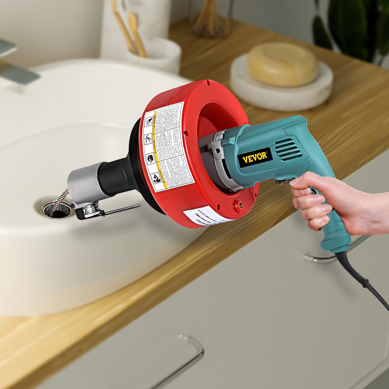 VEVOR 26 Ft Portable Electric Drain Auger Best fit 0.8Inch (20mm)-2.6Inch (65mm) Pipes Electric Drain Snake Lightweight Drain Cleaner Machine Drain Cleaning, Red 