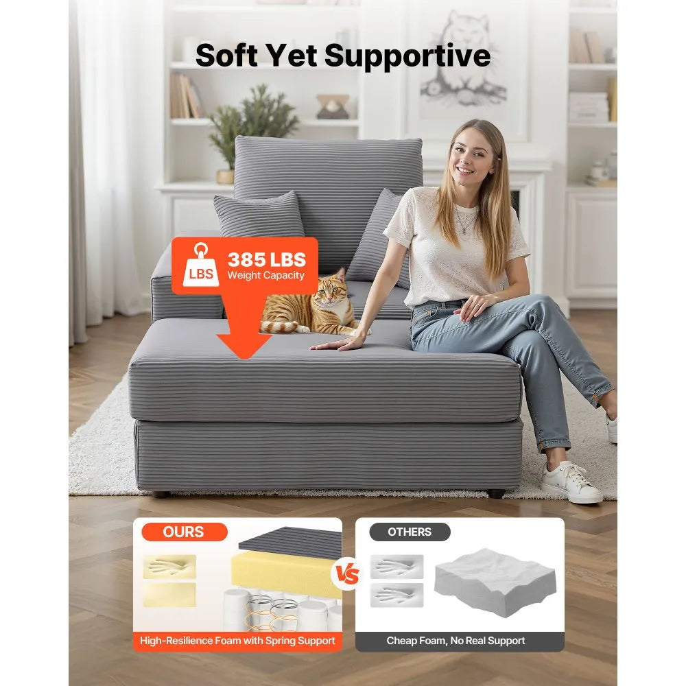 44" Oversized Chaise Lounge Chair – Grey Corduroy Deep Seat Modular Lounge with Storage Ottoman – No Assembly Required