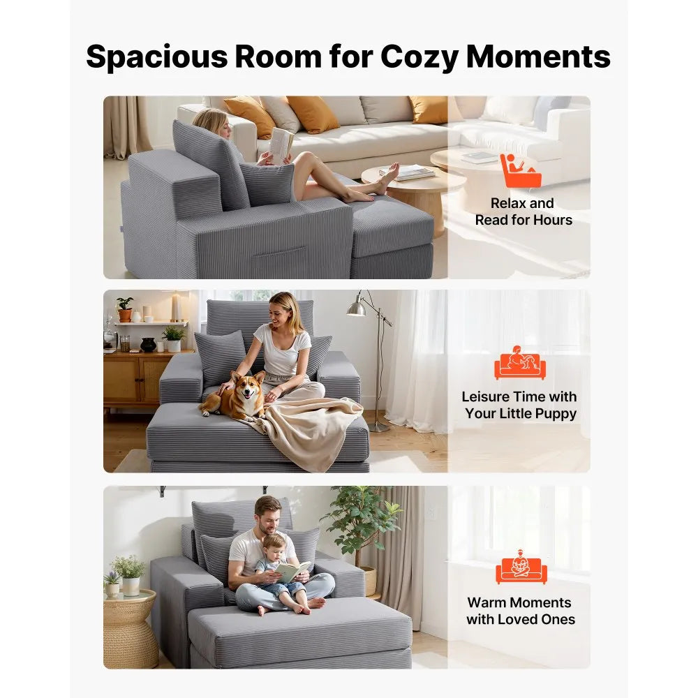 44" Oversized Chaise Lounge Chair – Grey Corduroy Deep Seat Modular Lounge with Storage Ottoman – No Assembly Required