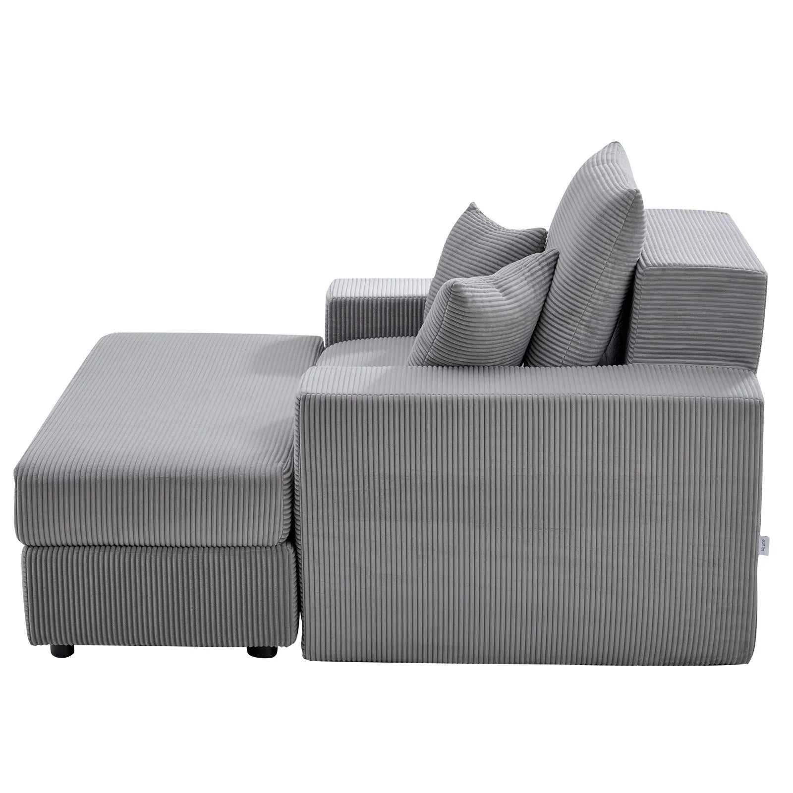44" Oversized Chaise Lounge Chair – Grey Corduroy Deep Seat Modular Lounge with Storage Ottoman – No Assembly Required