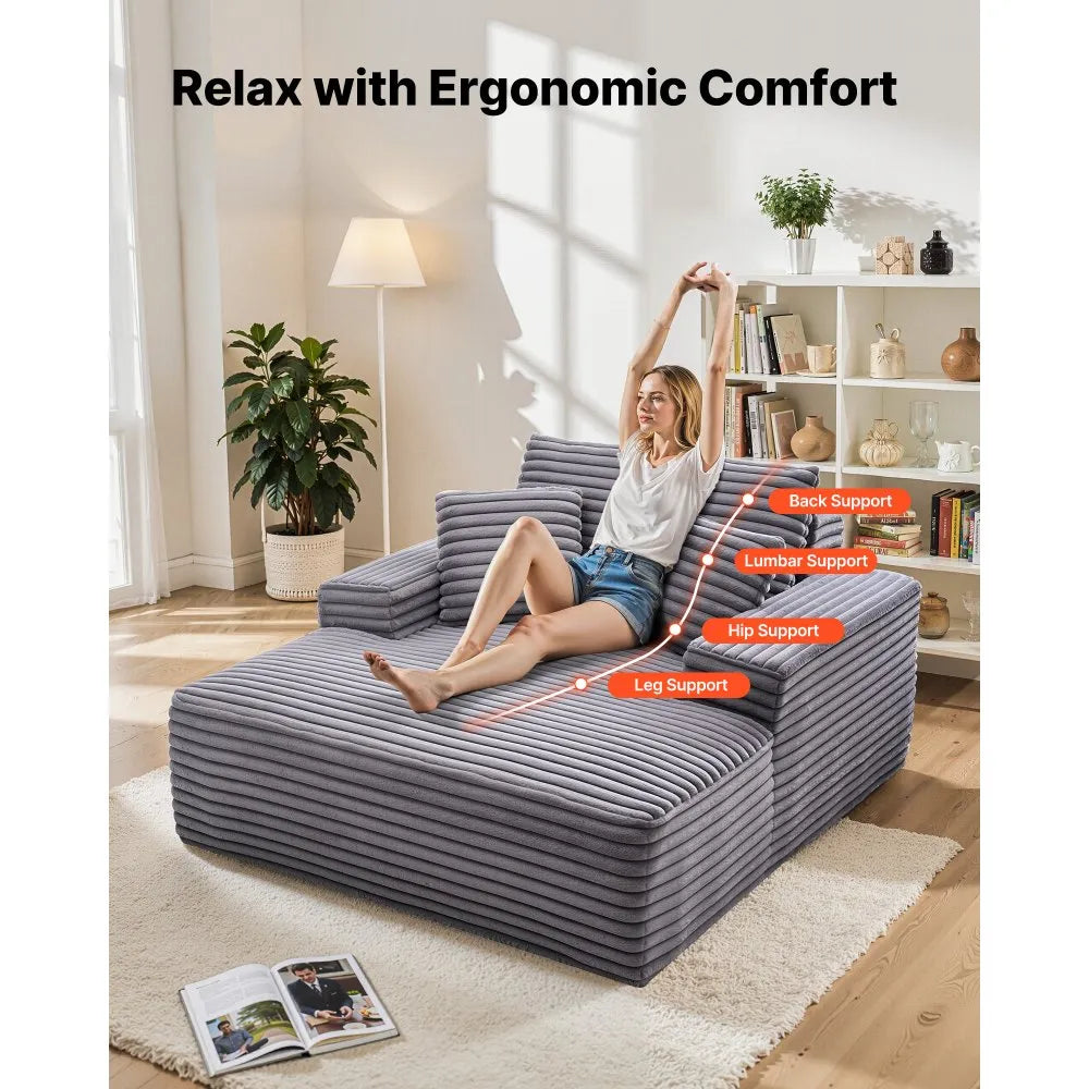 48" Oversized Boneless Chaise Lounge Chair with Faux Fur Upholstery, Throw Pillows & Wide Armrest, Gray