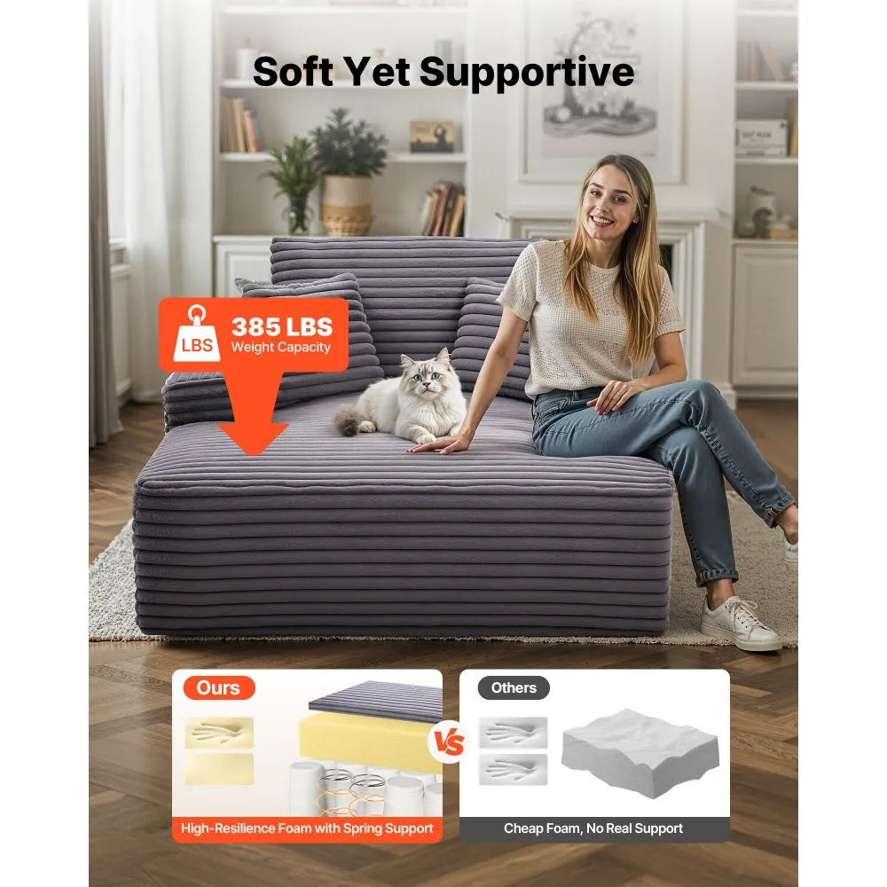 48" Oversized Boneless Chaise Lounge Chair with Faux Fur Upholstery, Throw Pillows & Wide Armrest, Gray