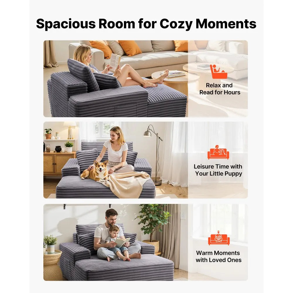 48" Oversized Boneless Chaise Lounge Chair with Faux Fur Upholstery, Throw Pillows & Wide Armrest, Gray