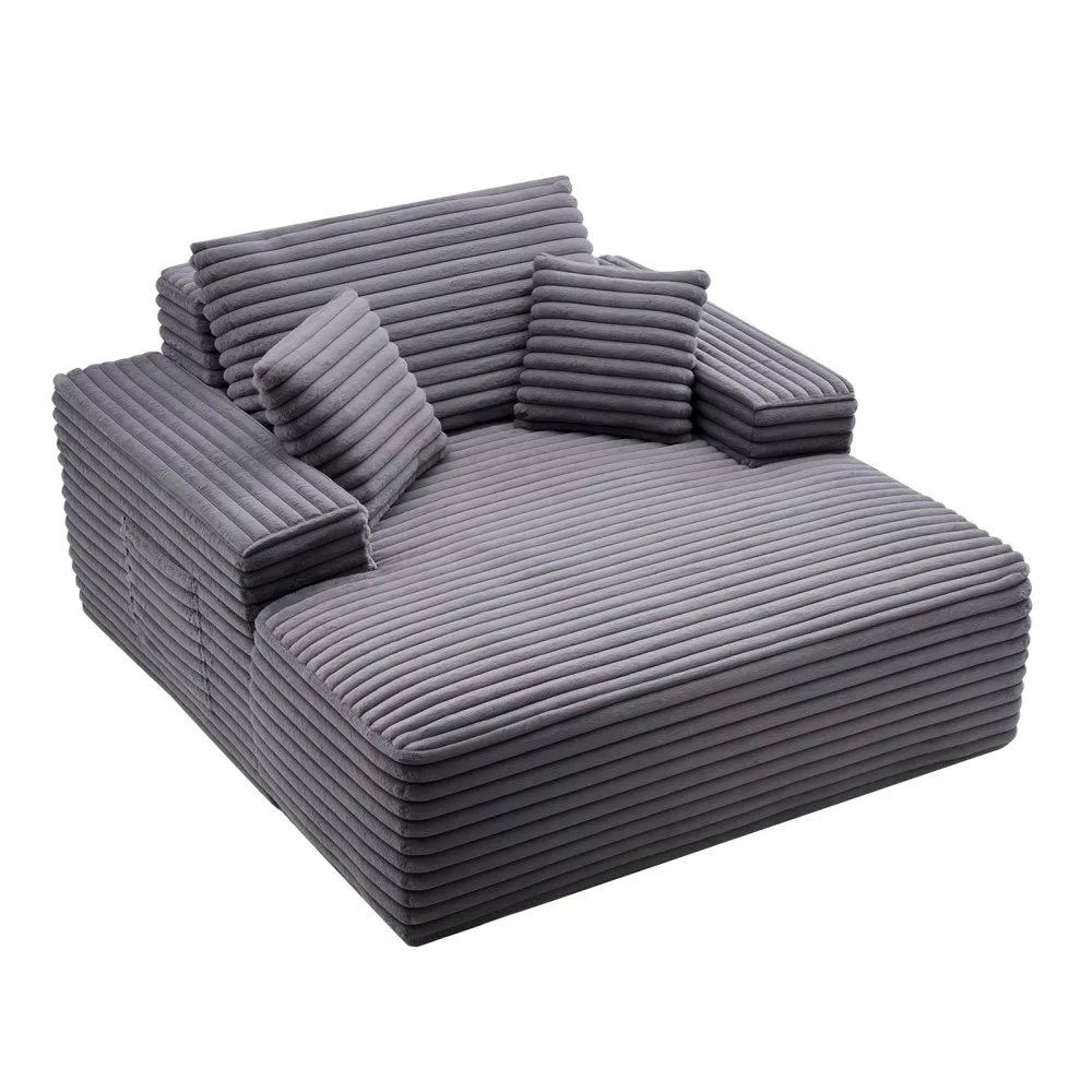 48" Oversized Boneless Chaise Lounge Chair with Faux Fur Upholstery, Throw Pillows & Wide Armrest, Gray