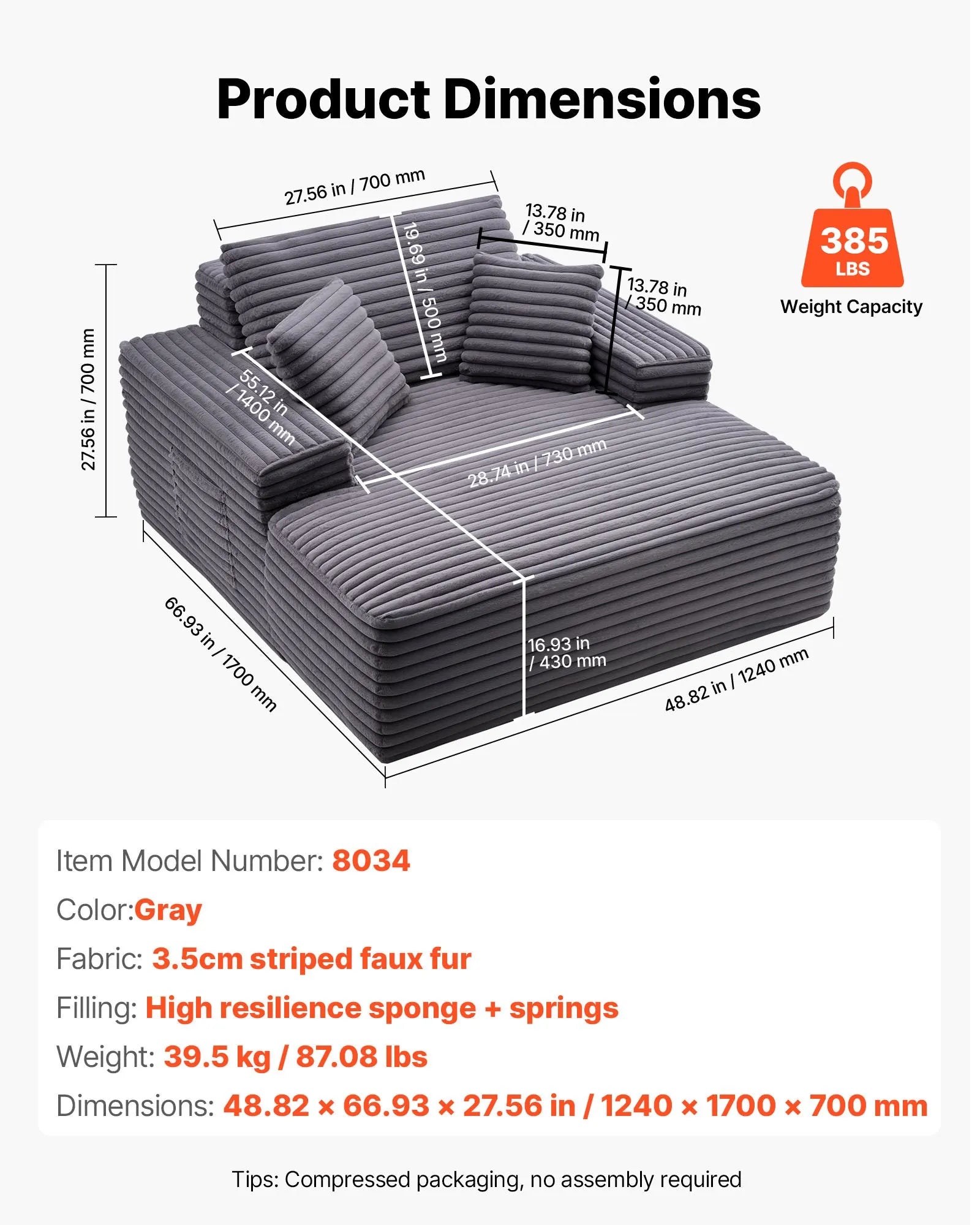 48" Oversized Boneless Chaise Lounge Chair with Faux Fur Upholstery, Throw Pillows & Wide Armrest, Gray