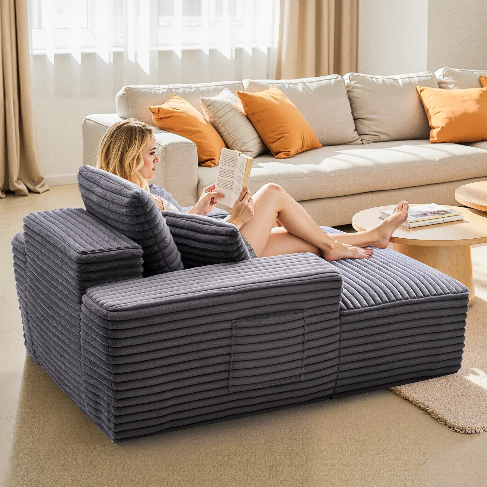 48" Oversized Boneless Chaise Lounge Chair with Faux Fur Upholstery, Throw Pillows & Wide Armrest, Gray