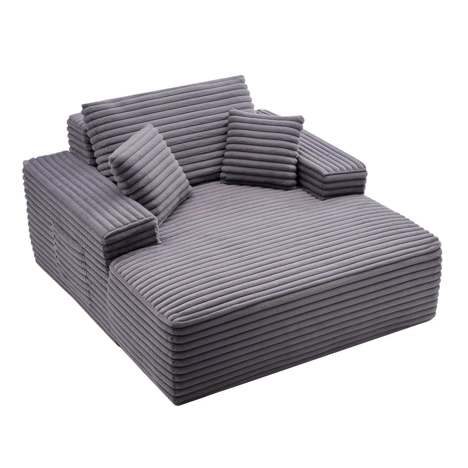 48" Oversized Boneless Chaise Lounge Chair with Faux Fur Upholstery, Throw Pillows & Wide Armrest, Gray