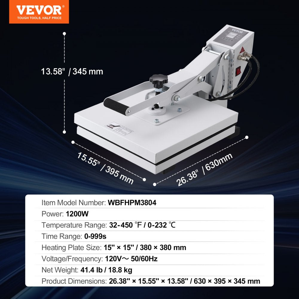 VEVOR Heat Press Machine, 15x15in / 38x38cm, Clamshell Sublimation Transfer Printer with Teflon Coated, Digital Precise Heat Control, Silica-Gel Sponge Powerpress for T-Shirt Bag Pad, White 