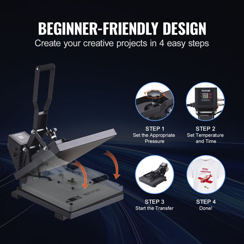 VEVOR Heat Press Machine, 15x15in / 38x38cm, Clamshell Sublimation Transfer Printer with Teflon Coated, Digital Precise Heat Control, Silica-Gel Sponge Powerpress for T-Shirt Bag Pad, Black 