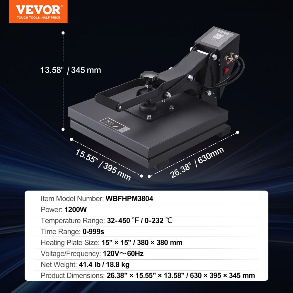 VEVOR Heat Press Machine, 15x15in / 38x38cm, Clamshell Sublimation Transfer Printer with Teflon Coated, Digital Precise Heat Control, Silica-Gel Sponge Powerpress for T-Shirt Bag Pad, Black 