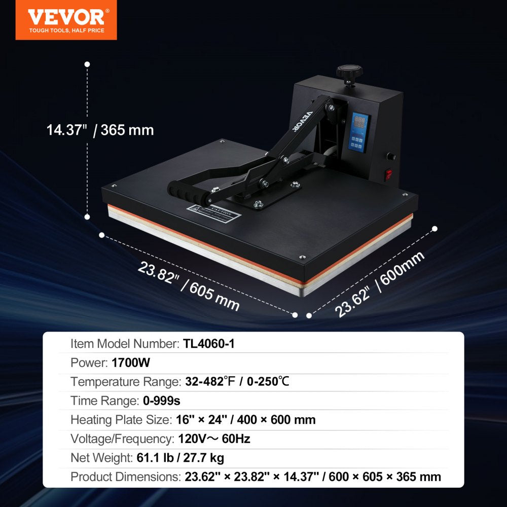 VEVOR Heat Press 16x24, 1700W Power Heat Press Machine, Fast Heating, High Pressure Heat Press Machine for T-Shirt, Digital Industrial Sublimation Printer for Heat Transfer Vinyl, Easy to Use, Black 