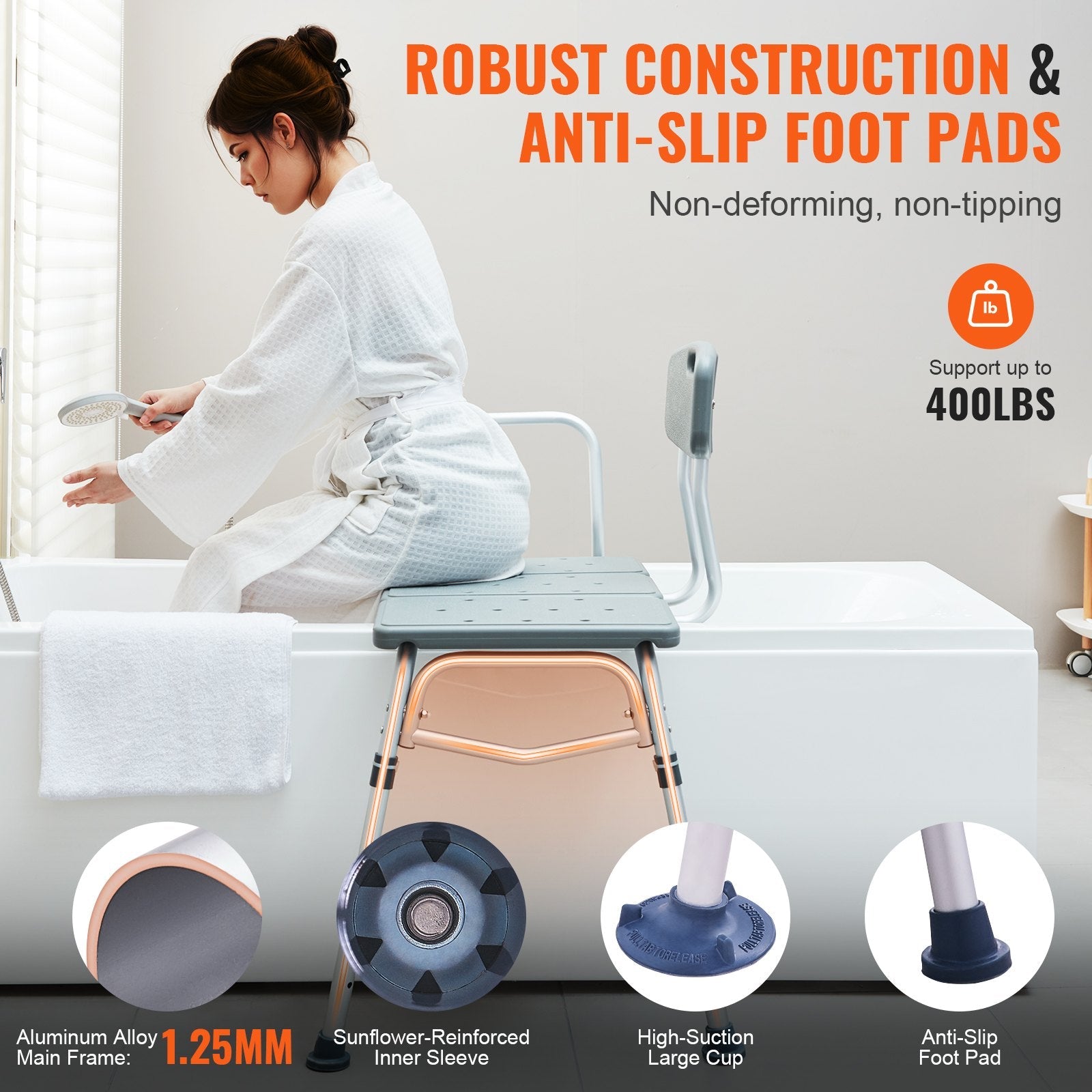 VEVOR Tub Transfer Bench for Bathtub, Adjustable Shower Seats for Adults, Lightweight Shower Bench for Elderly and Disabled, Non-Slip Bath Seats with Armrest and Reversible Backrest, 400lbs Capacity 