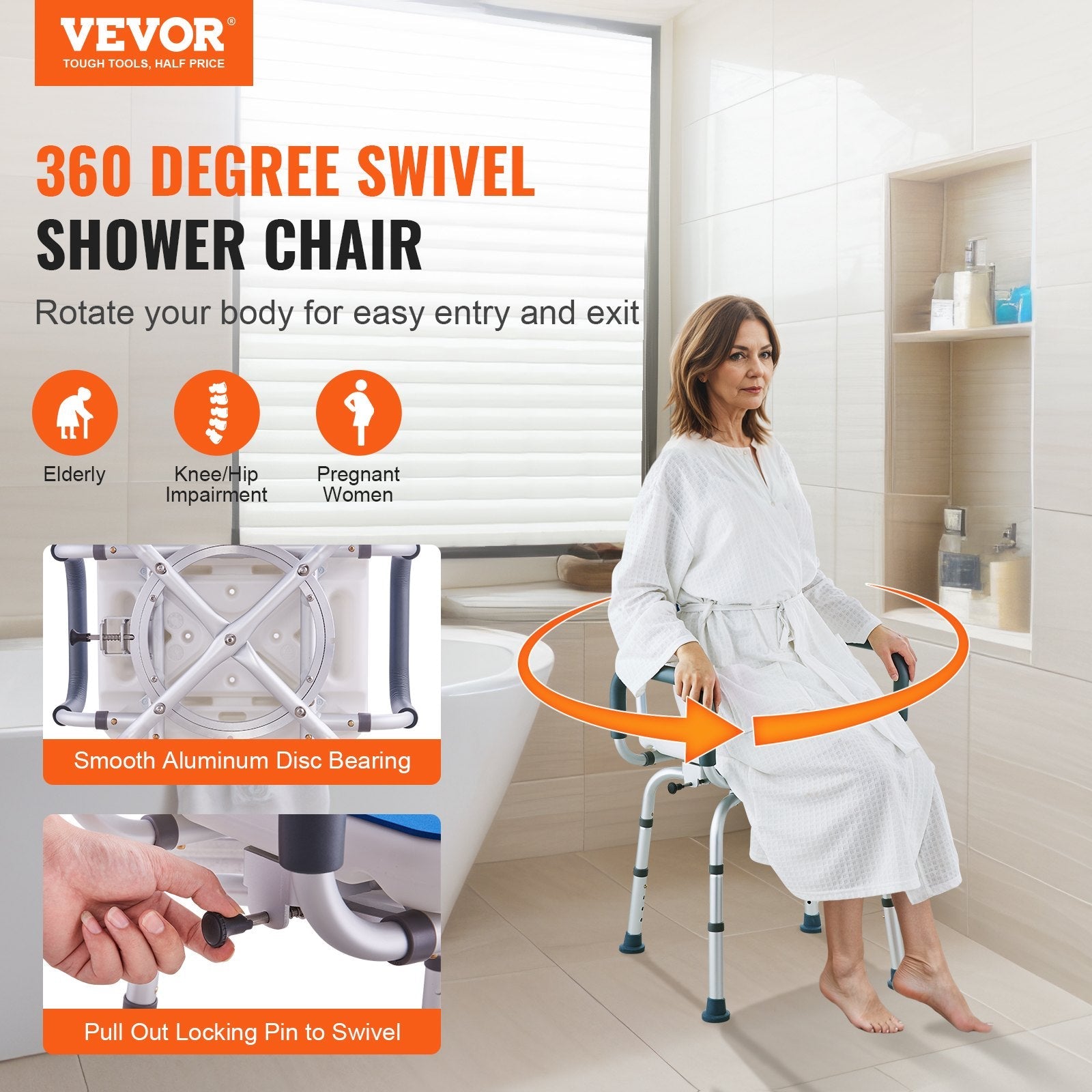 VEVOR Shower Chair 360° Swivel Tub Shower Seat with Armrests & Backrest 400lbs 