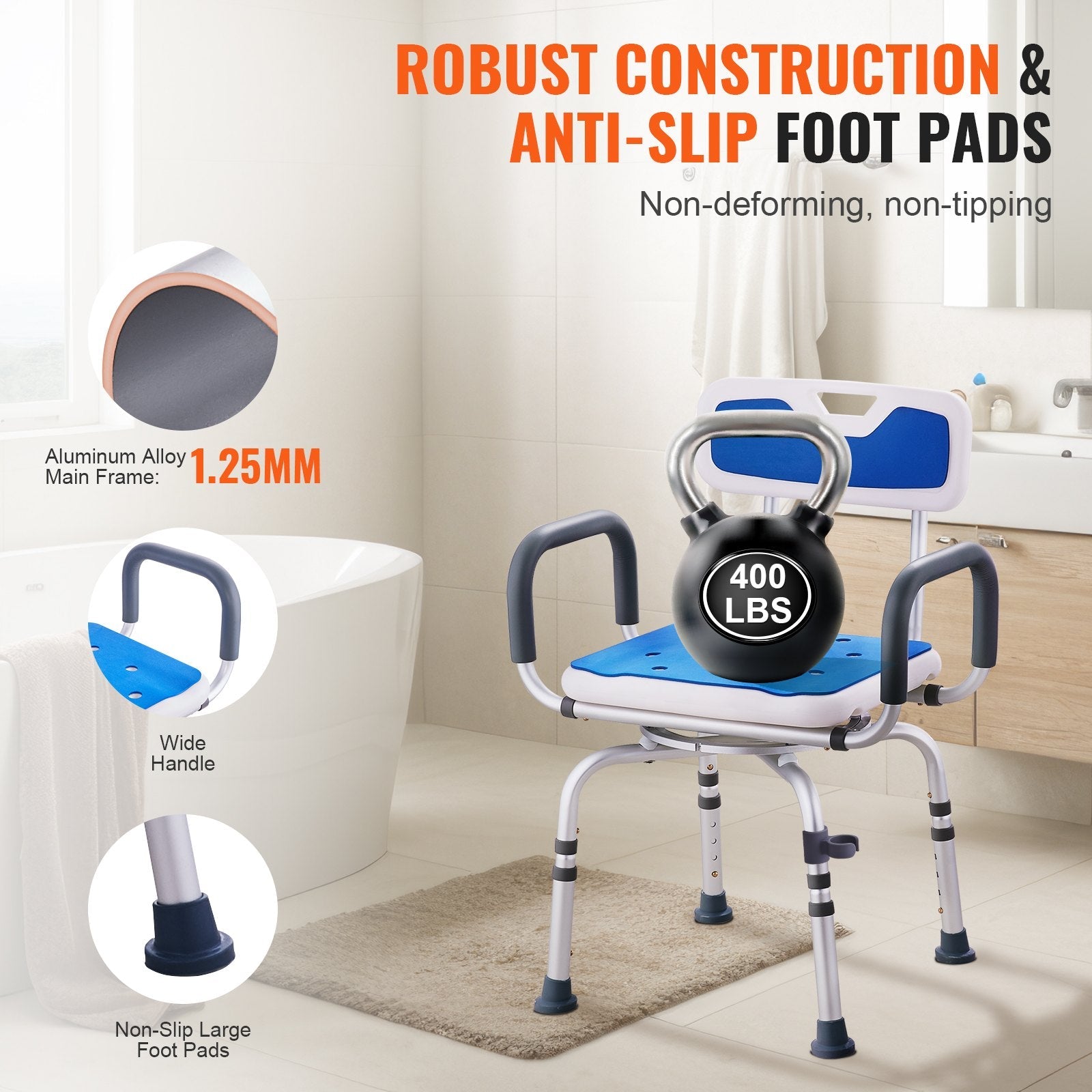 VEVOR Shower Chair 360° Swivel Tub Shower Seat with Armrests & Backrest 400lbs 
