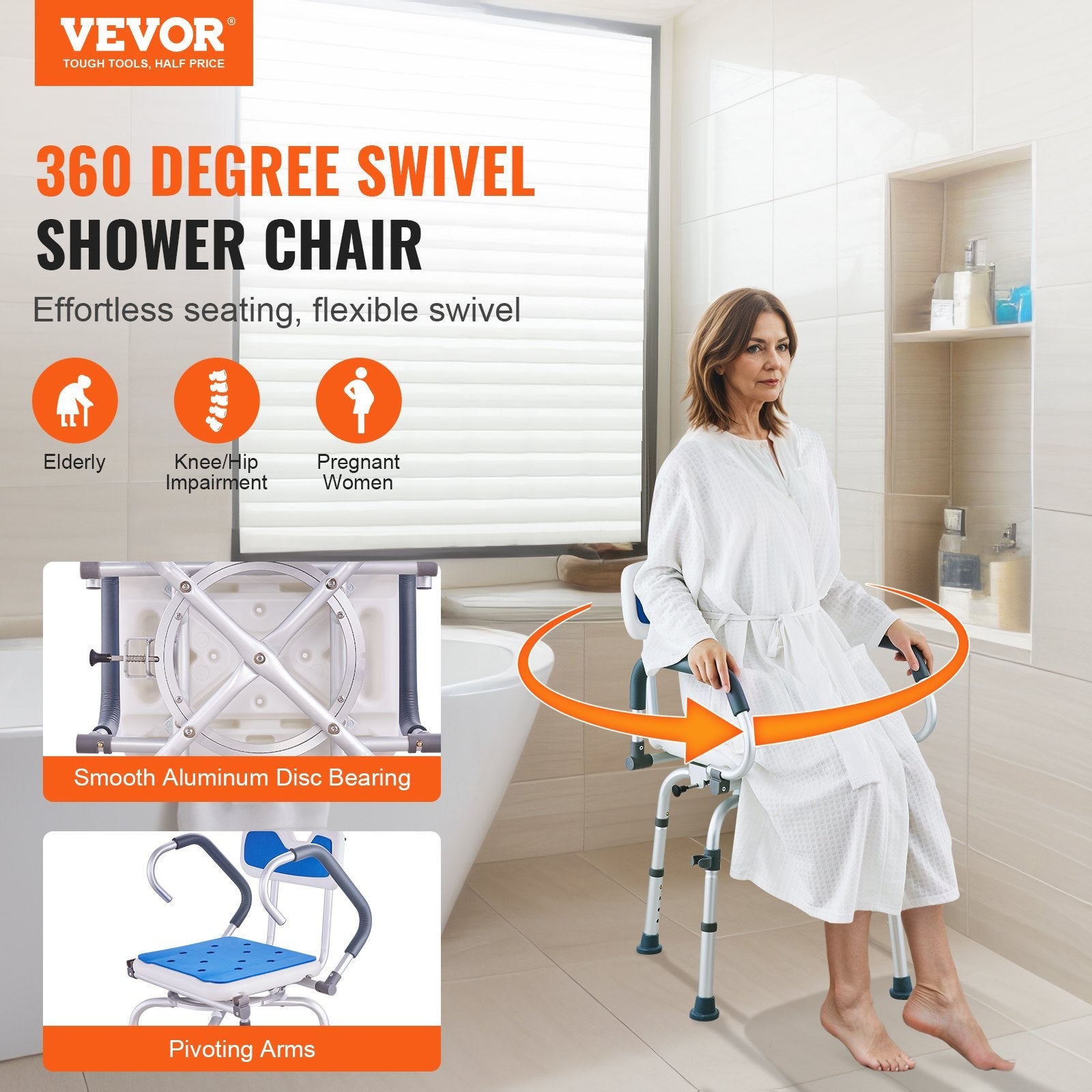 VEVOR Shower Chair 360° Swivel Bathtub Shower Seat with Pivoting Arms 400LBS 