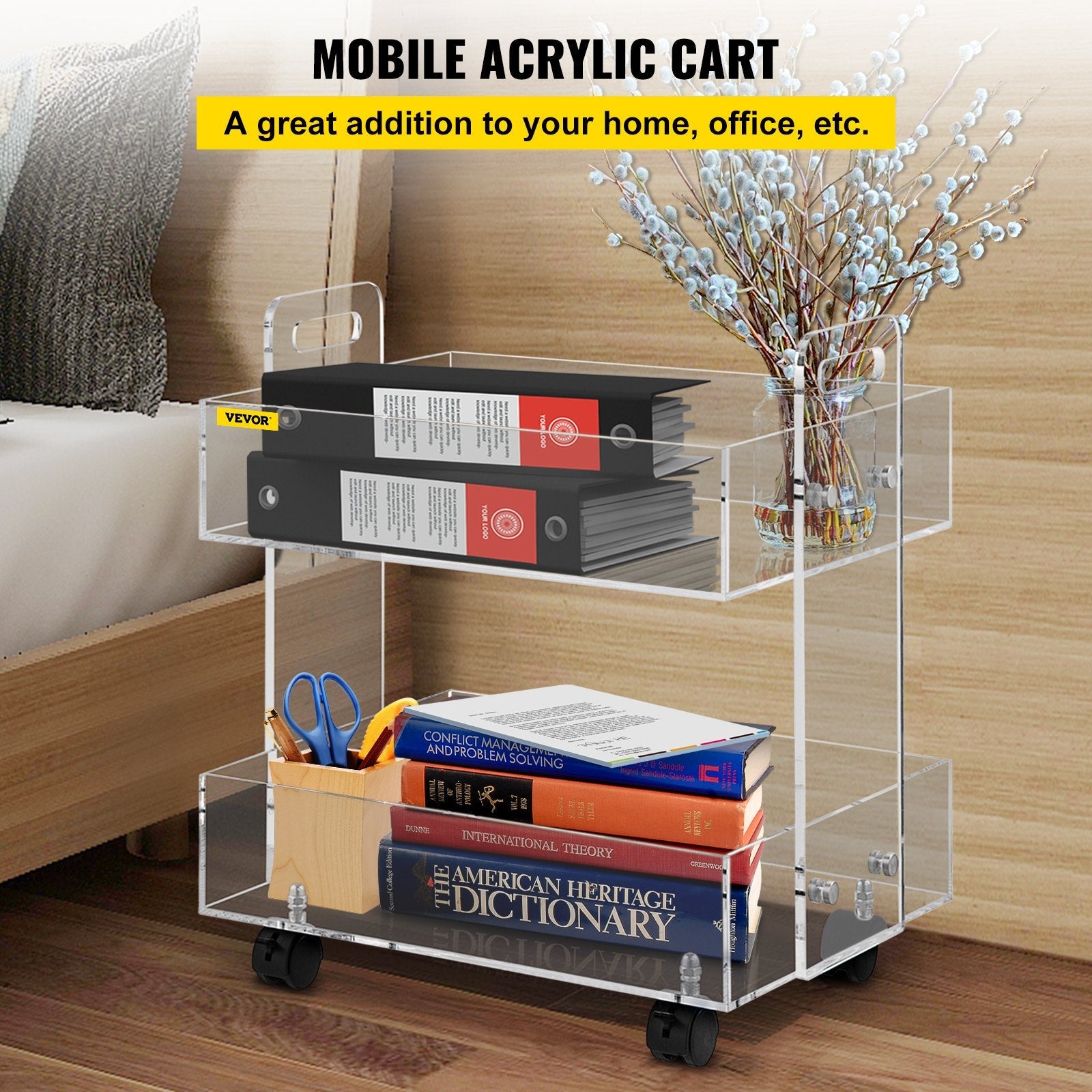 VEVOR Acrylic Cart, 2 Tier, 0.3 in Thickened Board, Holds Up to 66 lbs, Acrylic Side Table with Lockable Swivel Wheels, for Office School Home, 13.4" x 15.7" x 19" 