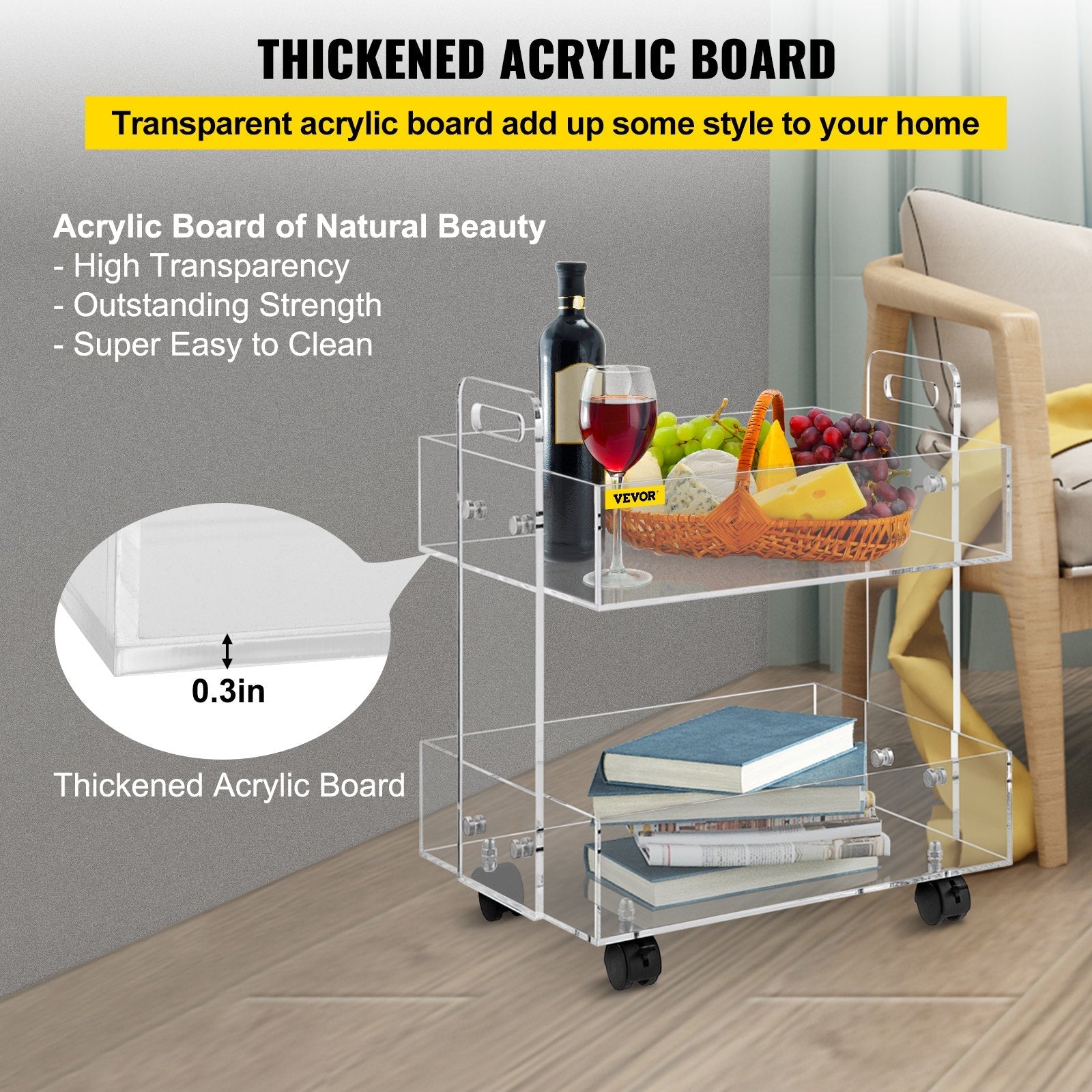 VEVOR Acrylic Cart, 2 Tier, 0.3 in Thickened Board, Holds Up to 66 lbs, Acrylic Side Table with Lockable Swivel Wheels, for Office School Home, 13.4" x 15.7" x 19" 