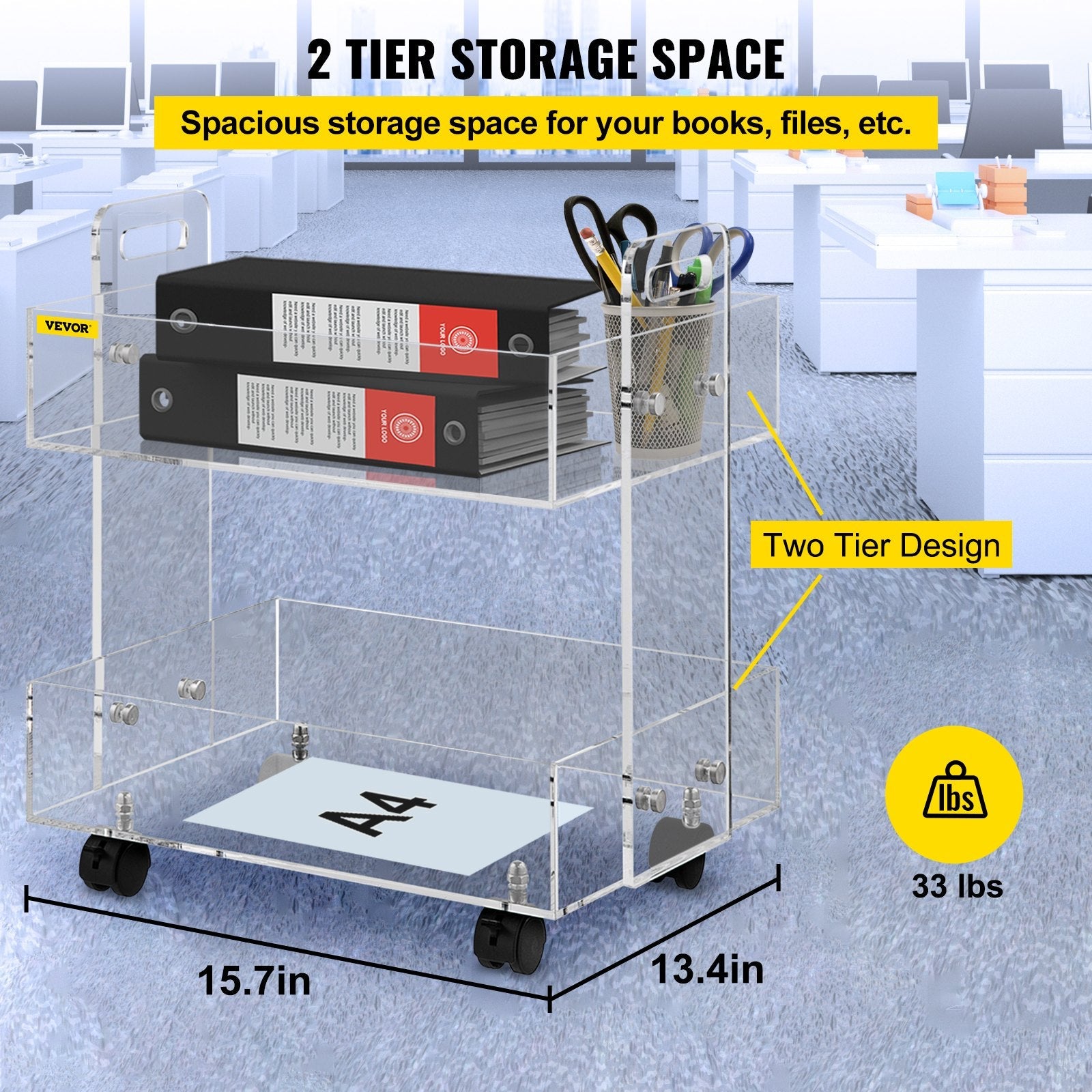 VEVOR Acrylic Cart, 2 Tier, 0.3 in Thickened Board, Holds Up to 66 lbs, Acrylic Side Table with Lockable Swivel Wheels, for Office School Home, 13.4" x 15.7" x 19" 