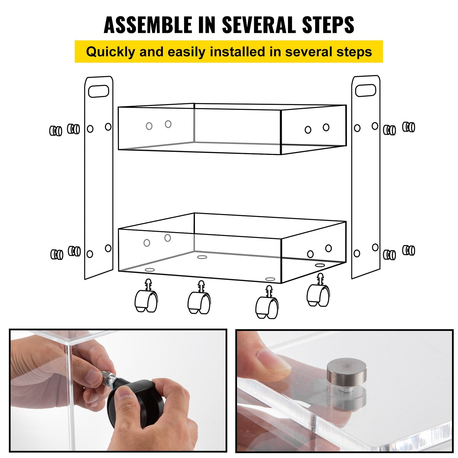 VEVOR Acrylic Cart, 2 Tier, 0.3 in Thickened Board, Holds Up to 66 lbs, Acrylic Side Table with Lockable Swivel Wheels, for Office School Home, 13.4" x 15.7" x 19" 