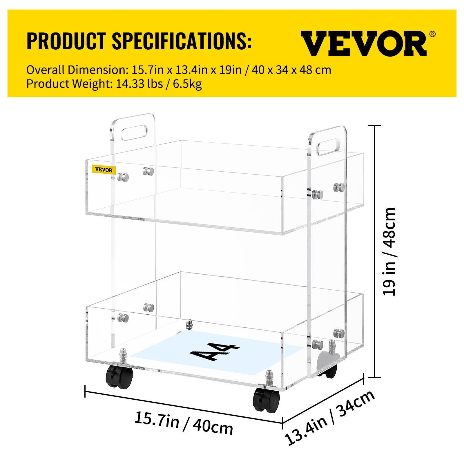 VEVOR Acrylic Cart, 2 Tier, 0.3 in Thickened Board, Holds Up to 66 lbs, Acrylic Side Table with Lockable Swivel Wheels, for Office School Home, 13.4" x 15.7" x 19" 