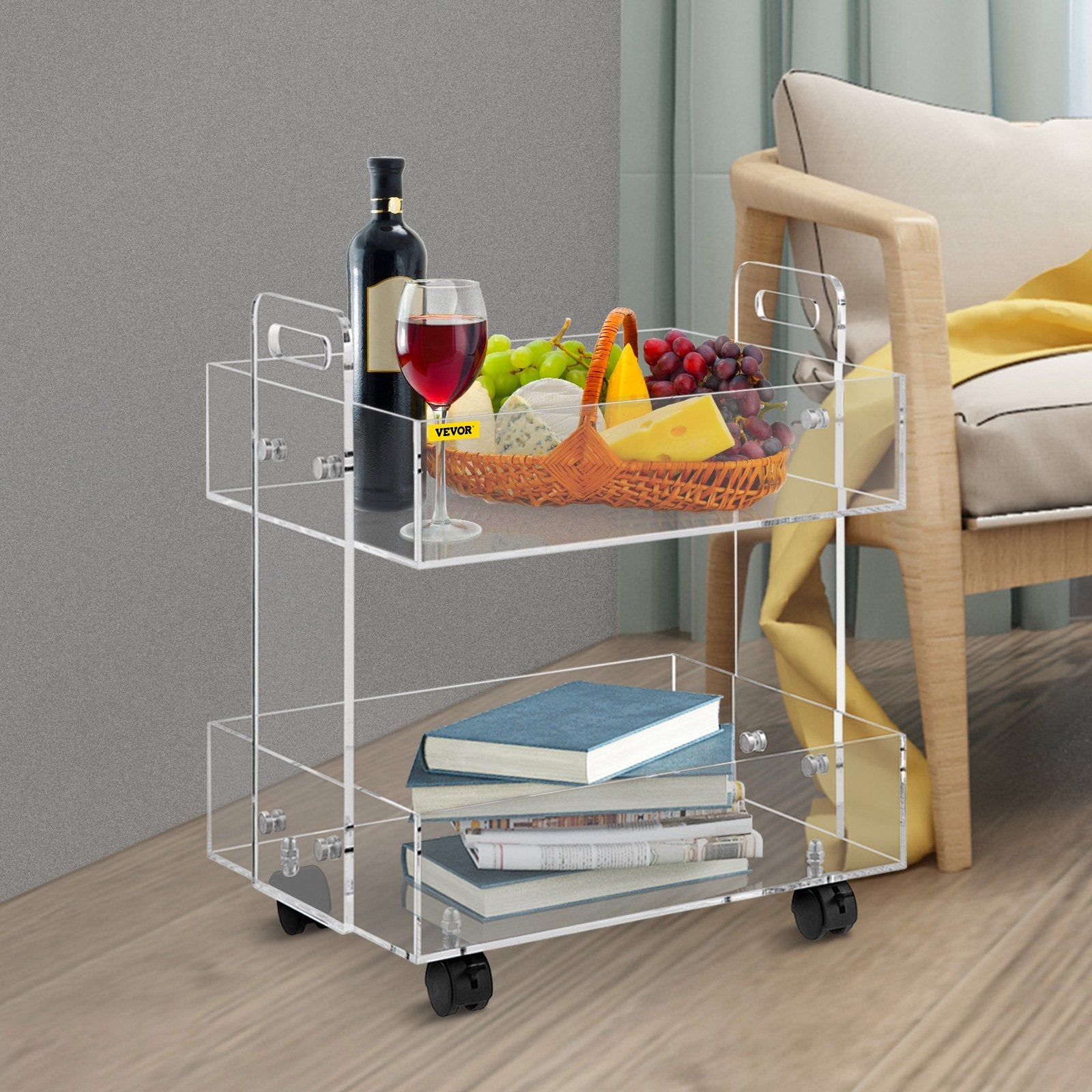 VEVOR Acrylic Cart, 2 Tier, 0.3 in Thickened Board, Holds Up to 66 lbs, Acrylic Side Table with Lockable Swivel Wheels, for Office School Home, 13.4" x 15.7" x 19" 