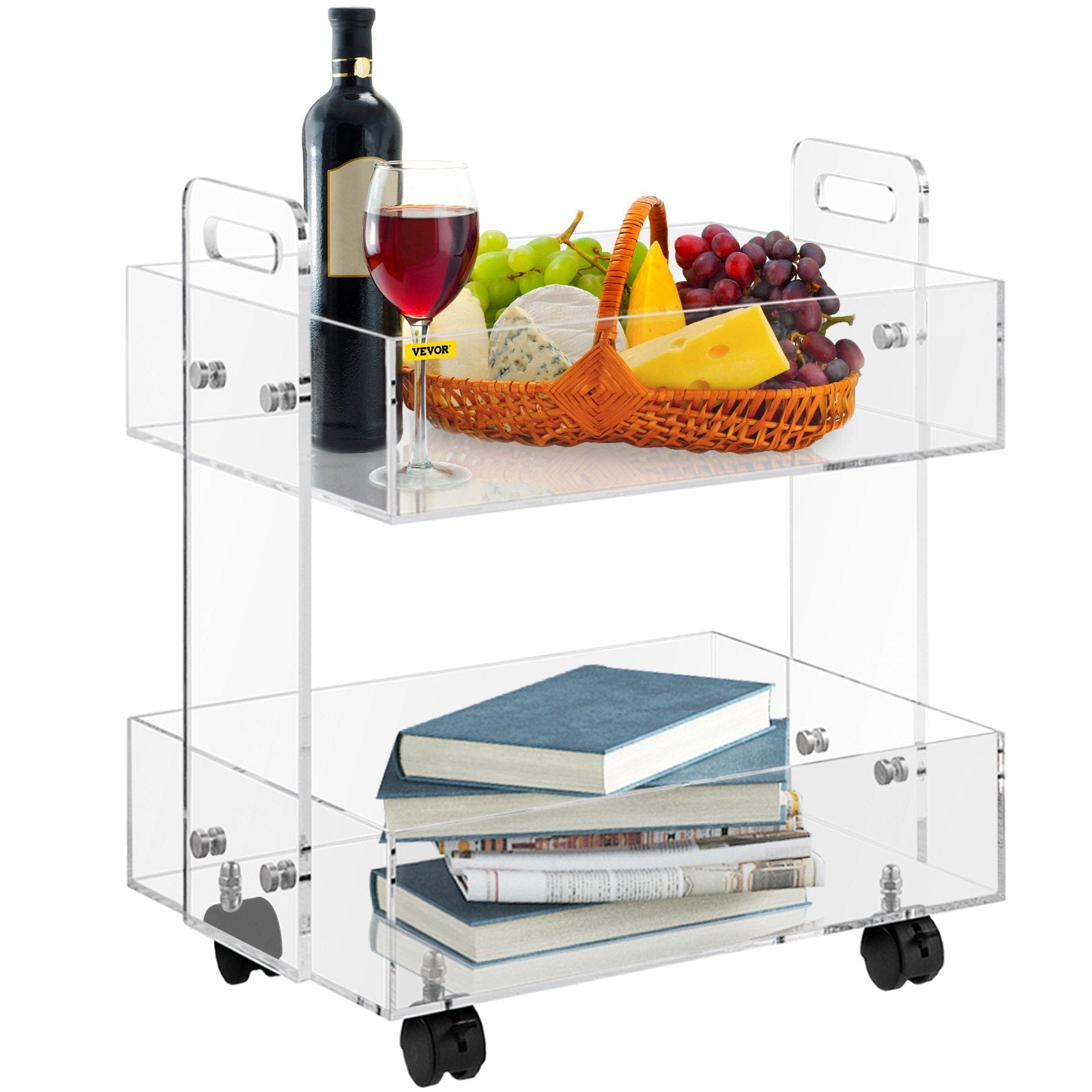 VEVOR Acrylic Cart, 2 Tier, 0.3 in Thickened Board, Holds Up to 66 lbs, Acrylic Side Table with Lockable Swivel Wheels, for Office School Home, 13.4" x 15.7" x 19" 