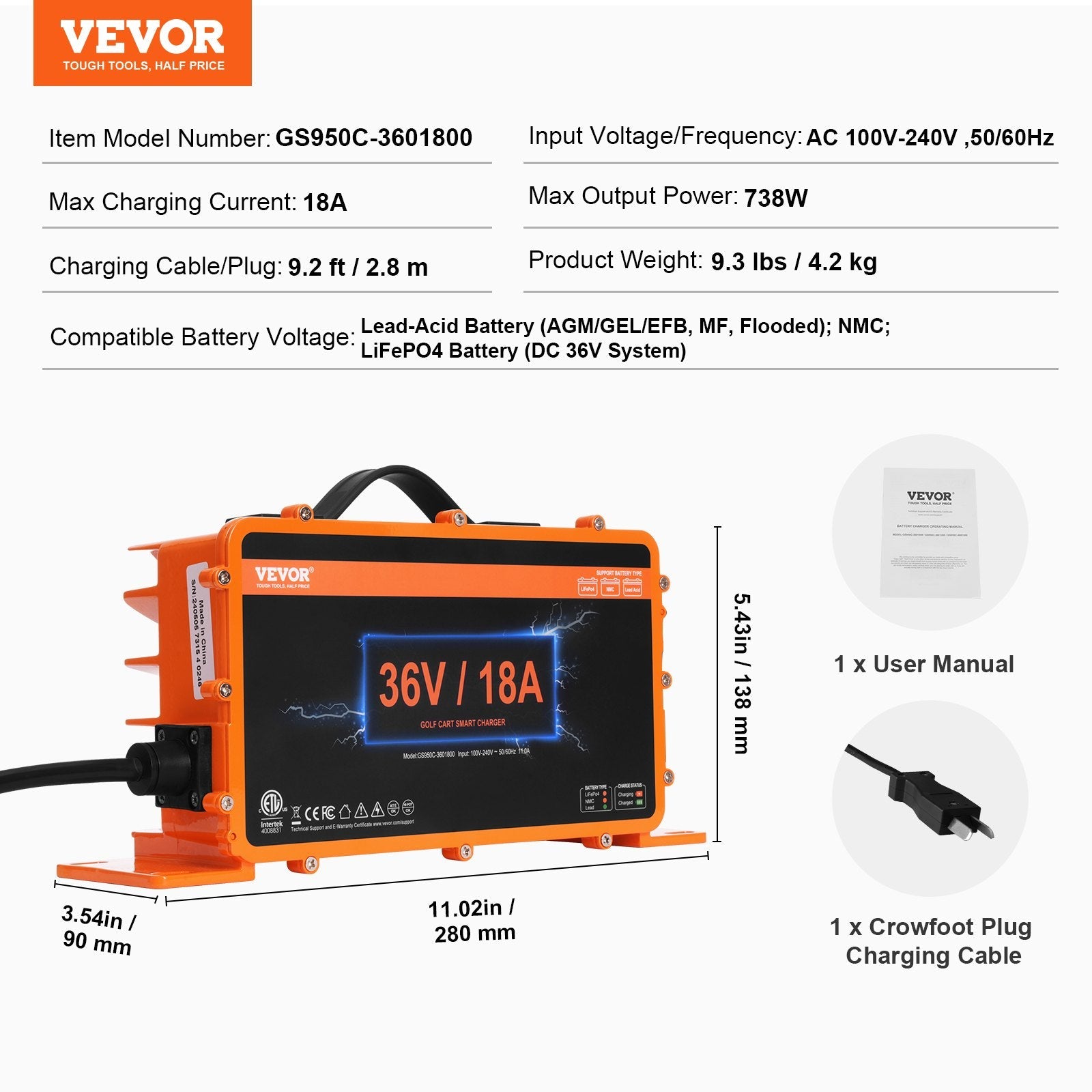 VEVOR 36 Volt Golf Cart Battery Charger, 18 AMP, Smart Club Car Charger with Crowfoot Plug, Compatible with Lead-Acid AGM/GEL/EFB MF NMC LiFePO4 Batteries for Club Car EZGO Yamaha, IP67 ETL Certified 