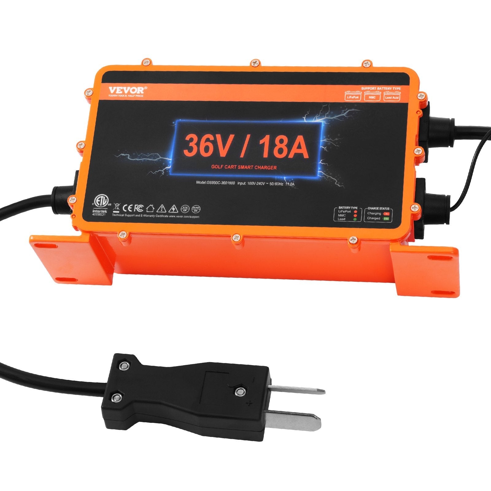 VEVOR 36 Volt Golf Cart Battery Charger, 18 AMP, Smart Club Car Charger with Crowfoot Plug, Compatible with Lead-Acid AGM/GEL/EFB MF NMC LiFePO4 Batteries for Club Car EZGO Yamaha, IP67 ETL Certified 