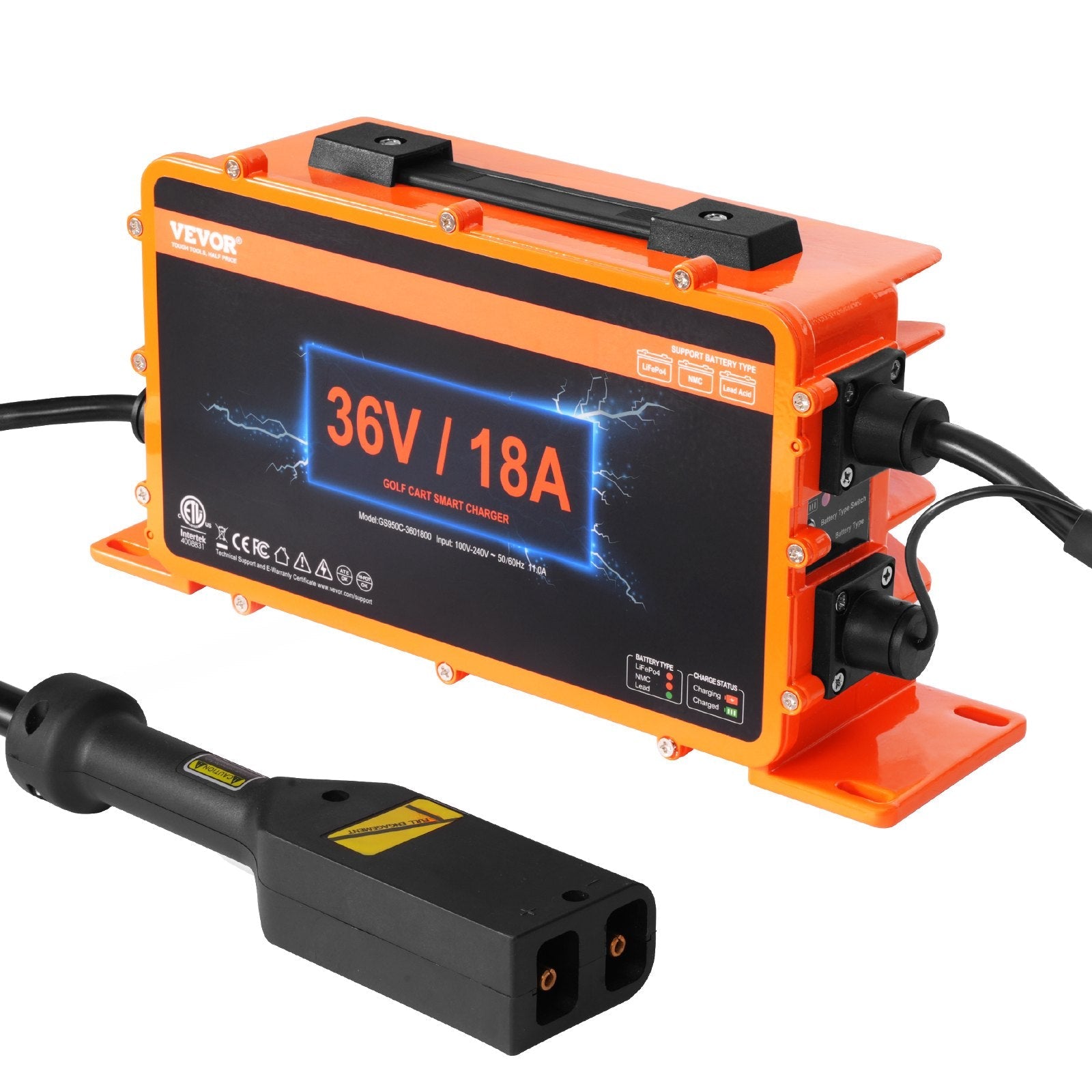 VEVOR 36 Volt Golf Cart Battery Charger, 18 AMP, Smart Battery Charger with D-Style Plug, Compatible with Lead-Acid AGM/GEL/EFB MF NMC LiFePO4 Batteries for EZGO TXT, IP67 Waterproof ETL Certified 
