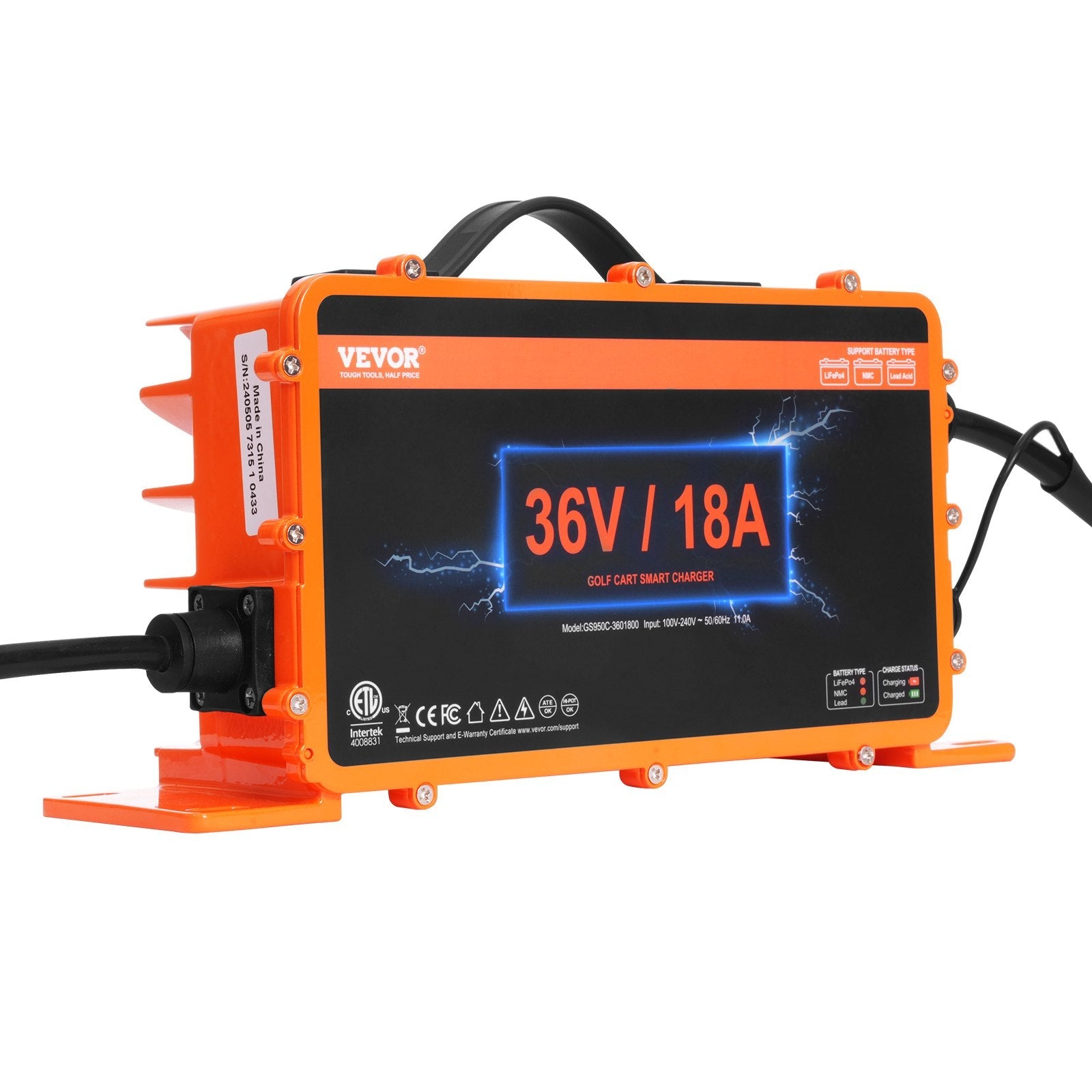 VEVOR 36 Volt Golf Cart Battery Charger, 18 AMP, Smart Battery Charger with D-Style Plug, Compatible with Lead-Acid AGM/GEL/EFB MF NMC LiFePO4 Batteries for EZGO TXT, IP67 Waterproof ETL Certified 