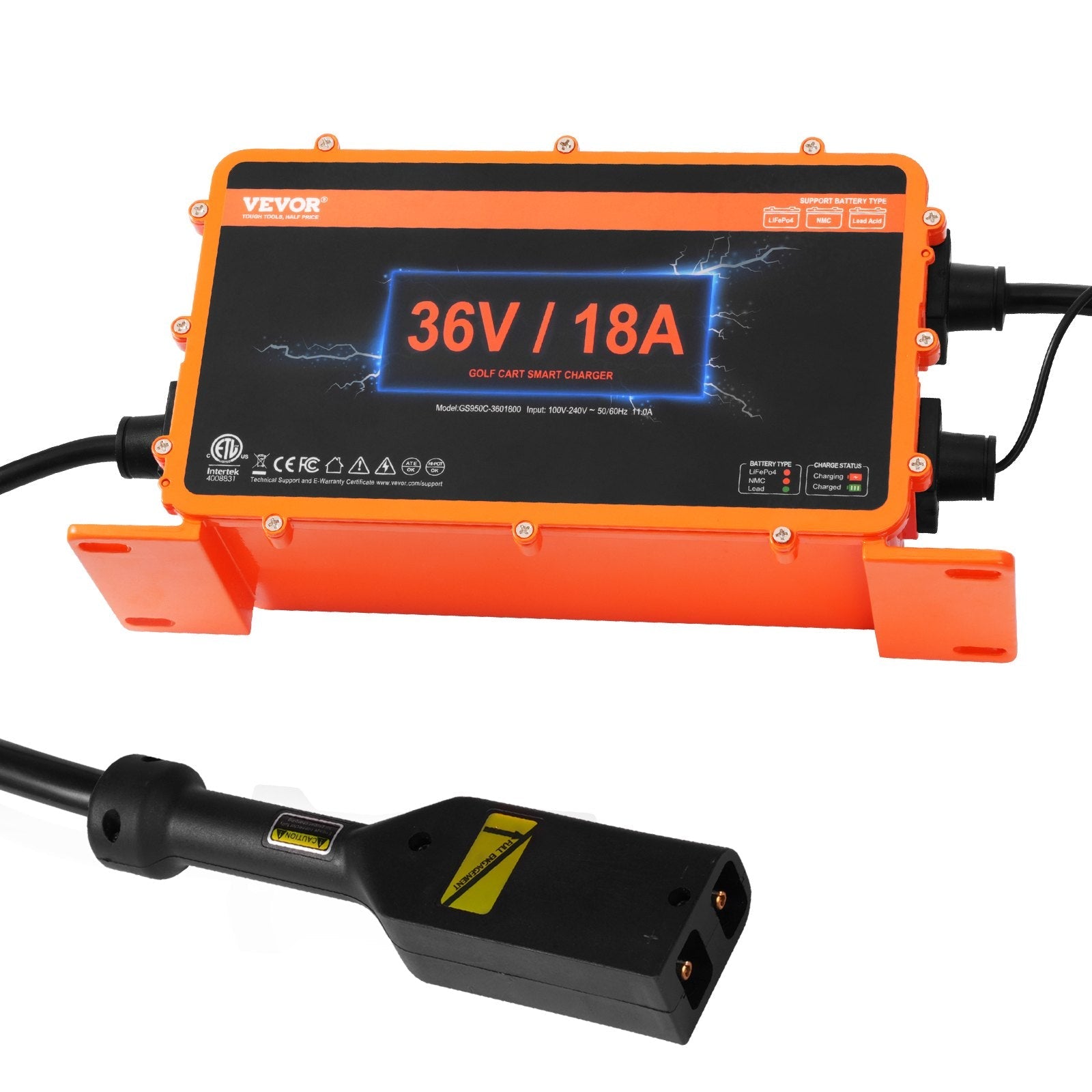 VEVOR 36 Volt Golf Cart Battery Charger, 18 AMP, Smart Battery Charger with D-Style Plug, Compatible with Lead-Acid AGM/GEL/EFB MF NMC LiFePO4 Batteries for EZGO TXT, IP67 Waterproof ETL Certified 