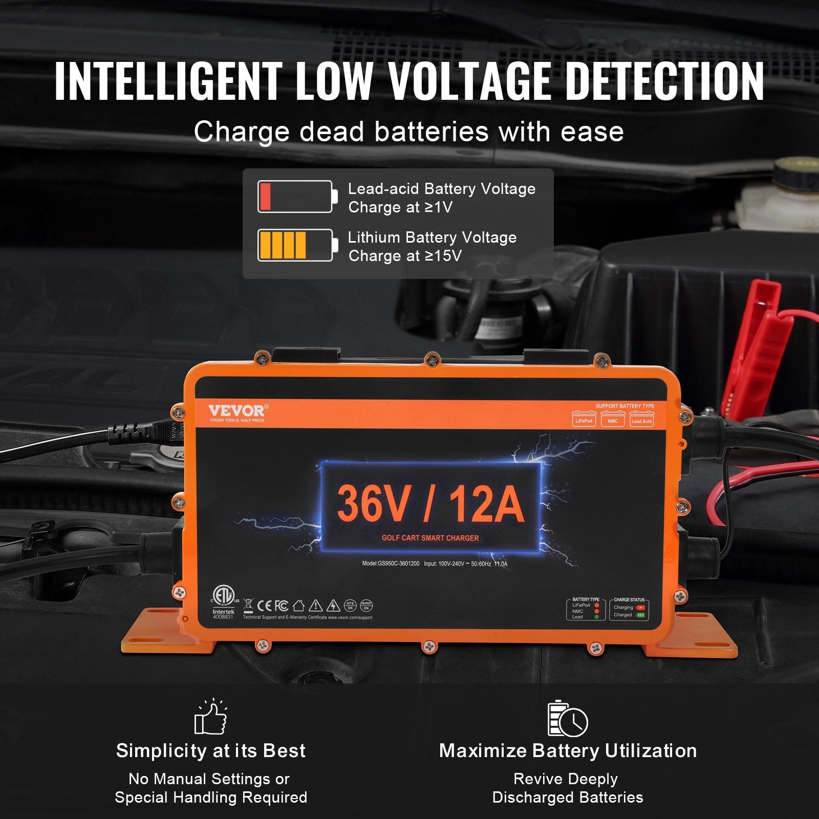 VEVOR 36 Volt 12 AMP Golf Cart Smart Battery Charger for EZGO D-Style IP67 ETL 