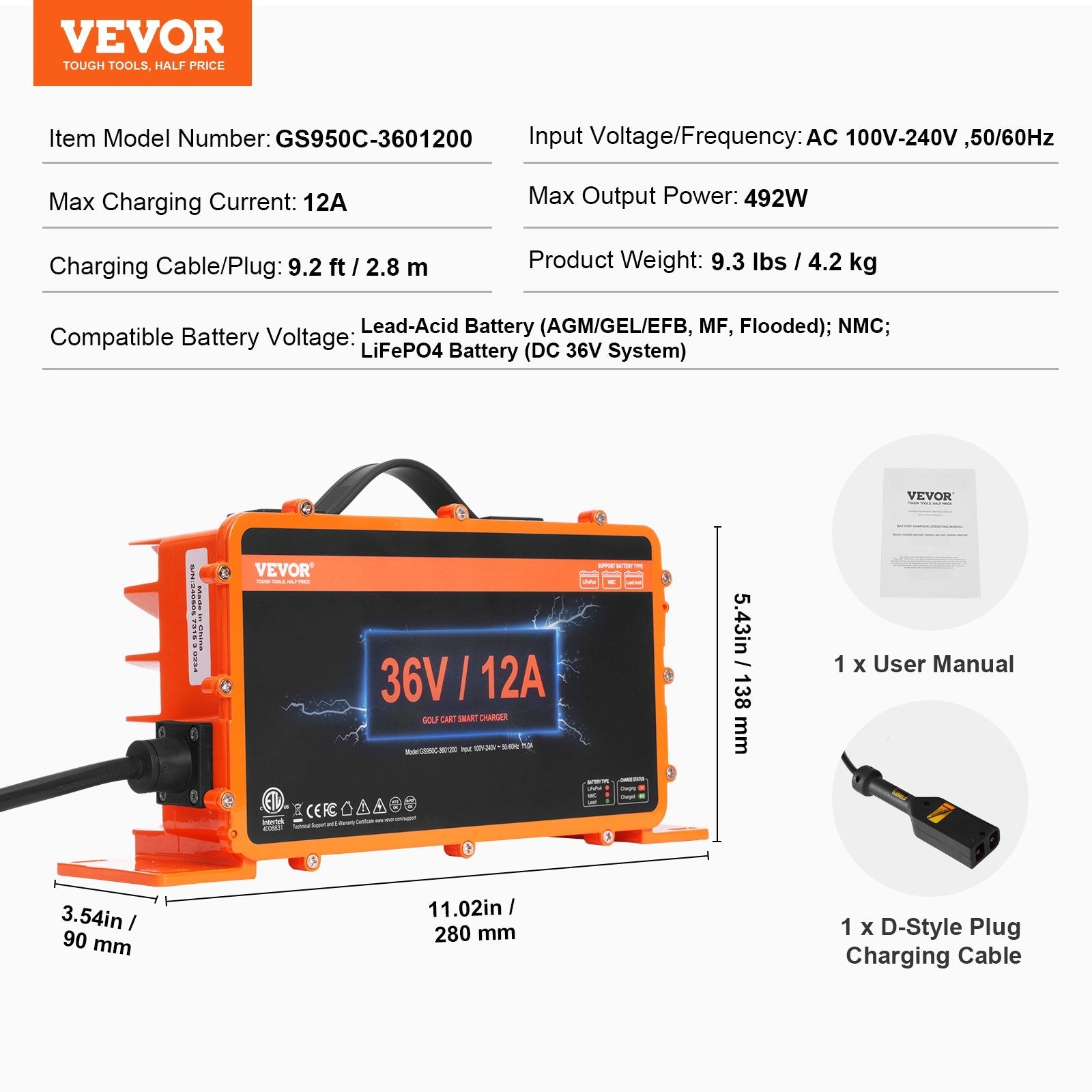 VEVOR 36 Volt 12 AMP Golf Cart Smart Battery Charger for EZGO D-Style IP67 ETL 