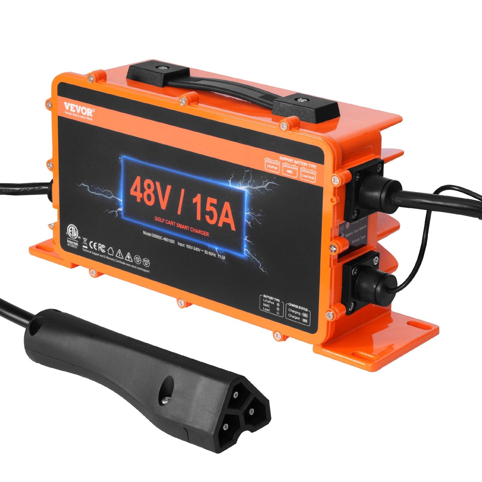 VEVOR 48 Volt Golf Cart Battery Charger, 15 AMP, Smart Battery Charger with RXV Plug, Compatible with Lead-Acid AGM/GEL/EFB MF Flooded NMC LiFePO4 Batteries for EZGO TXT, IP67 Waterproof ETL Certified 