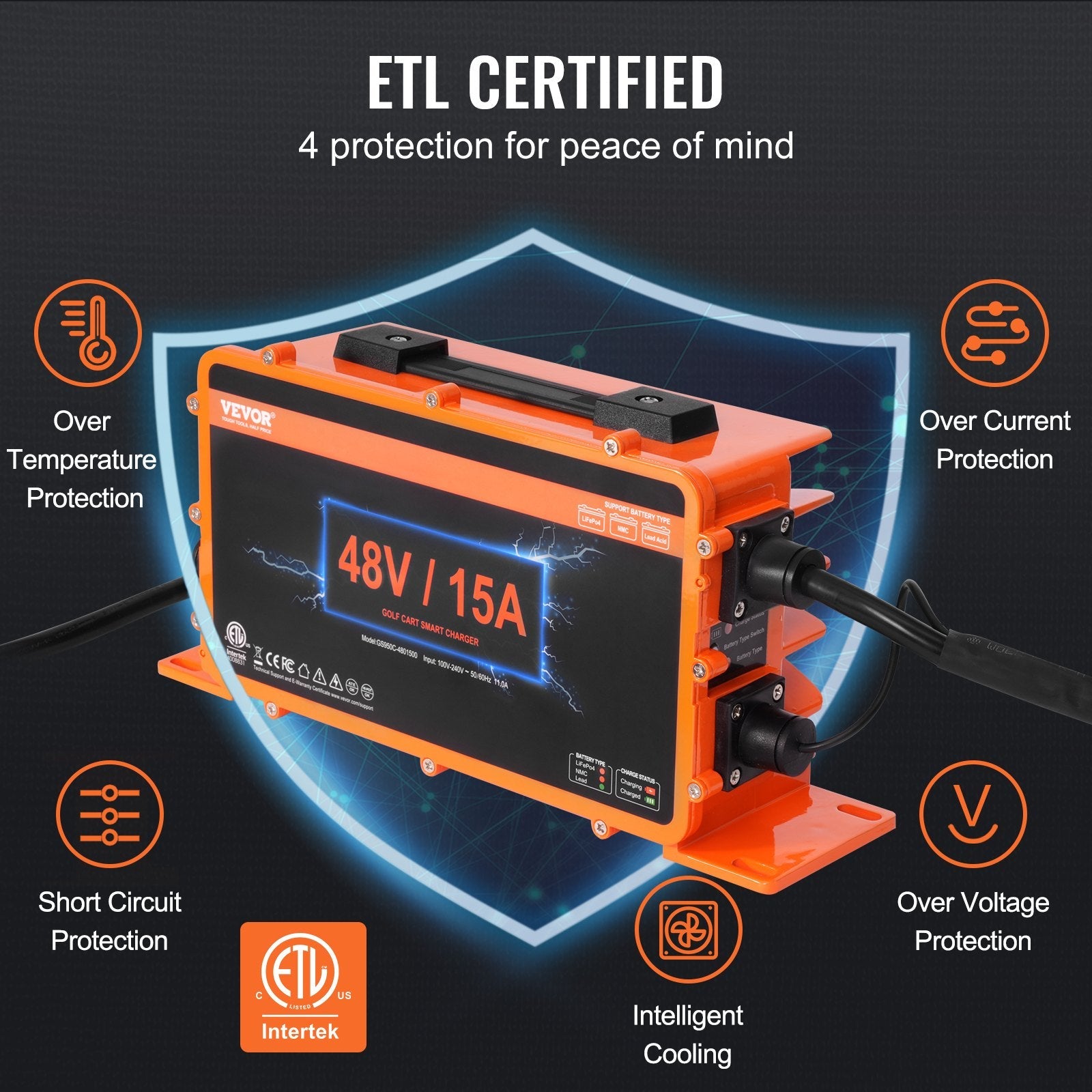 VEVOR 48 Volt Golf Cart Battery Charger, 15 AMP, Smart Battery Charger with G29 Plug, Compatible with Lead-Acid AGM/GEL/EFB MF Flooded NMC LiFePO4 Batteries for Yamaha, IP67 Waterproof ETL Certified 