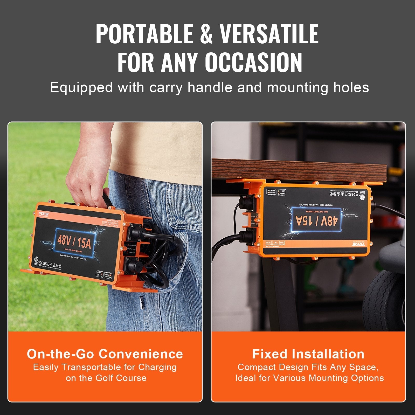 VEVOR 48 Volt Golf Cart Battery Charger, 15 AMP, Smart Battery Charger with G29 Plug, Compatible with Lead-Acid AGM/GEL/EFB MF Flooded NMC LiFePO4 Batteries for Yamaha, IP67 Waterproof ETL Certified 