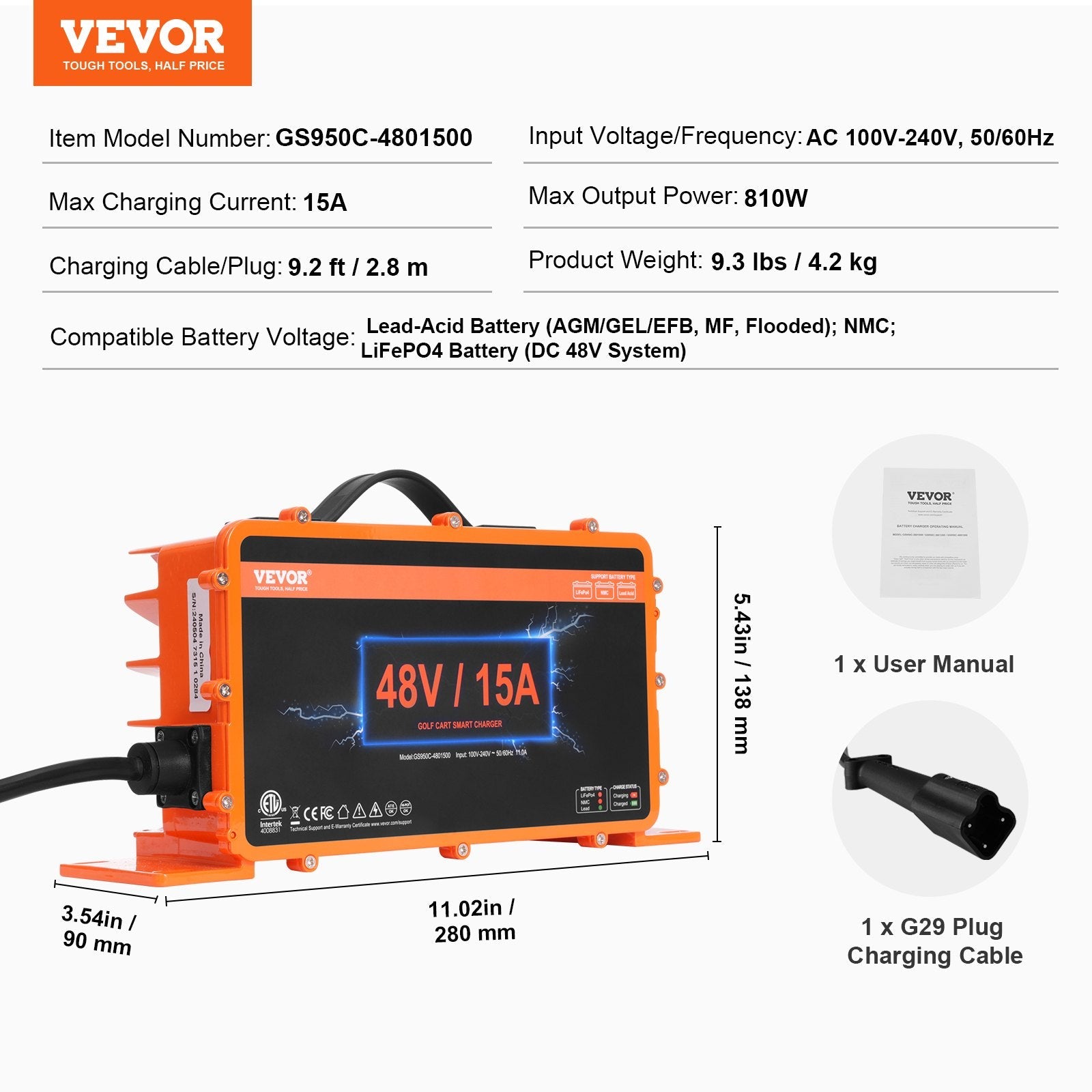 VEVOR 48 Volt Golf Cart Battery Charger, 15 AMP, Smart Battery Charger with G29 Plug, Compatible with Lead-Acid AGM/GEL/EFB MF Flooded NMC LiFePO4 Batteries for Yamaha, IP67 Waterproof ETL Certified 