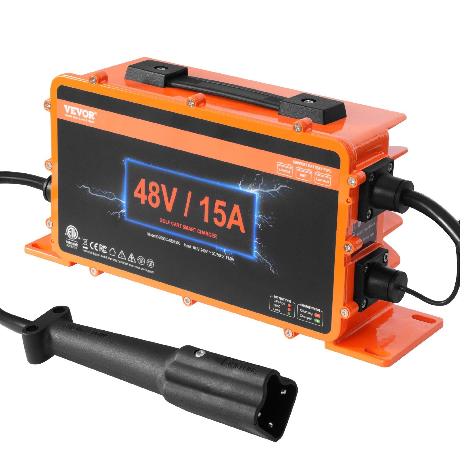 VEVOR 48 Volt Golf Cart Battery Charger, 15 AMP, Smart Battery Charger with G29 Plug, Compatible with Lead-Acid AGM/GEL/EFB MF Flooded NMC LiFePO4 Batteries for Yamaha, IP67 Waterproof ETL Certified 