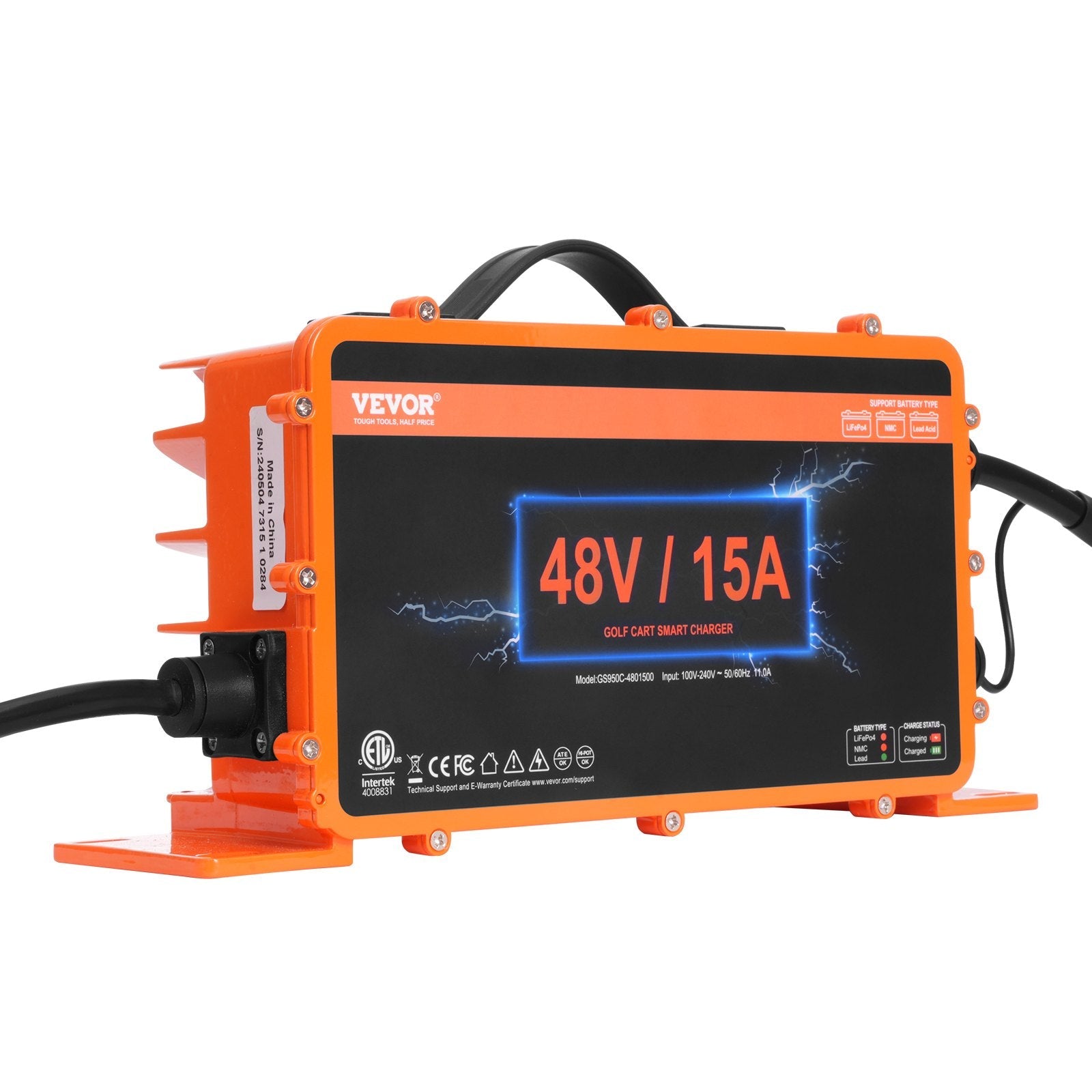 VEVOR 48 Volt Golf Cart Battery Charger, 15 AMP, Smart Battery Charger with G29 Plug, Compatible with Lead-Acid AGM/GEL/EFB MF Flooded NMC LiFePO4 Batteries for Yamaha, IP67 Waterproof ETL Certified 