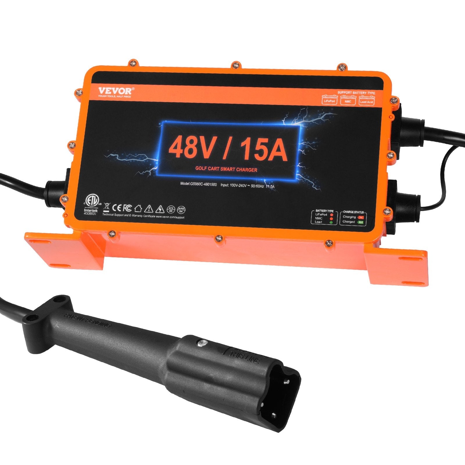 VEVOR 48 Volt Golf Cart Battery Charger, 15 AMP, Smart Battery Charger with G29 Plug, Compatible with Lead-Acid AGM/GEL/EFB MF Flooded NMC LiFePO4 Batteries for Yamaha, IP67 Waterproof ETL Certified 