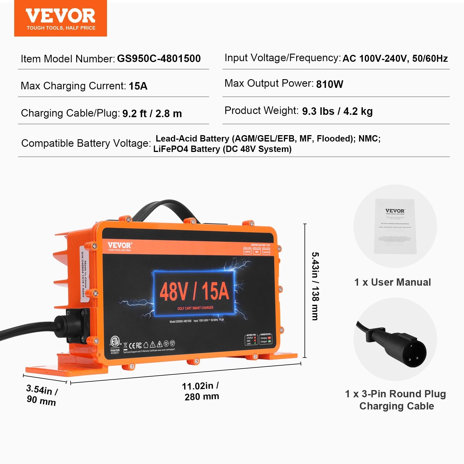 VEVOR 48 Volt Golf Cart Battery Charger, 15 AMP, Smart Battery Charger with 3-Pin Round Plug, Compatible with Lead-Acid AGM/GEL/EFB MF Flooded NMC LiFePO4 Batteries for Club Car, IP67 ETL Certified 