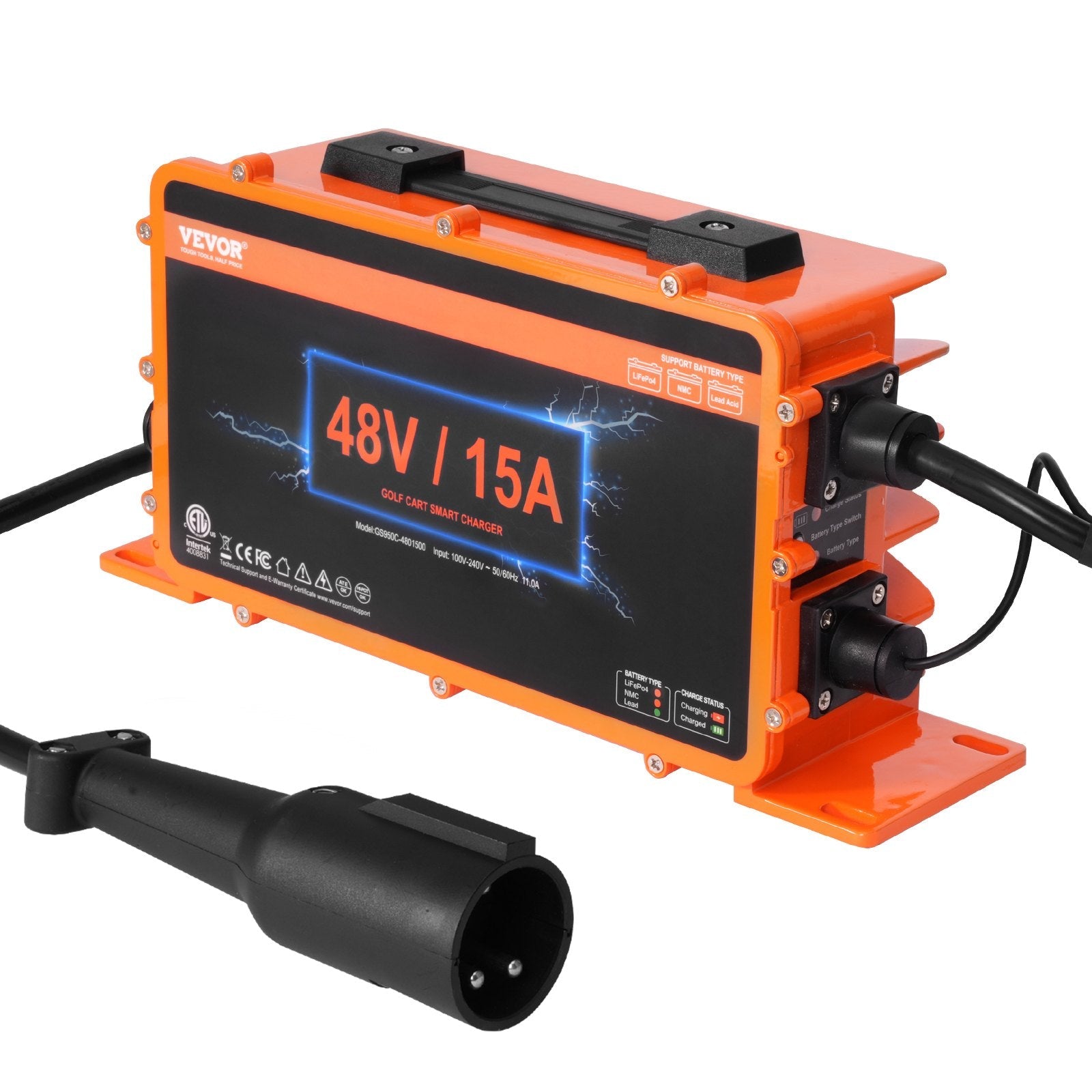 VEVOR 48 Volt Golf Cart Battery Charger, 15 AMP, Smart Battery Charger with 3-Pin Round Plug, Compatible with Lead-Acid AGM/GEL/EFB MF Flooded NMC LiFePO4 Batteries for Club Car, IP67 ETL Certified 