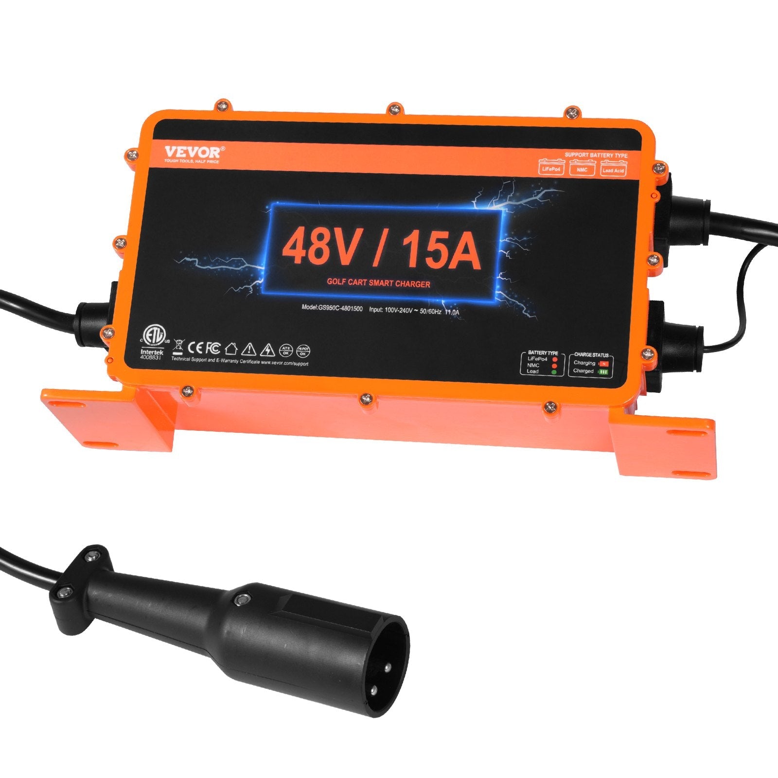 VEVOR 48 Volt Golf Cart Battery Charger, 15 AMP, Smart Battery Charger with 3-Pin Round Plug, Compatible with Lead-Acid AGM/GEL/EFB MF Flooded NMC LiFePO4 Batteries for Club Car, IP67 ETL Certified 