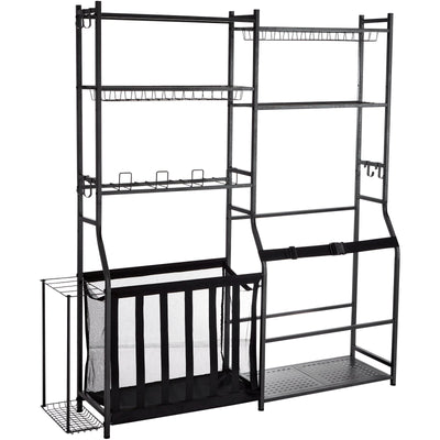 VEVOR Golf Storage Garage Organizer, 2 Golf Bag Storage Stand Holder and Other Sports Equipment Storage Rack, Outdoor Steel Ball Cart, Sports Gear and Toys Storage Shelves with Baskets & Hooks, Black 