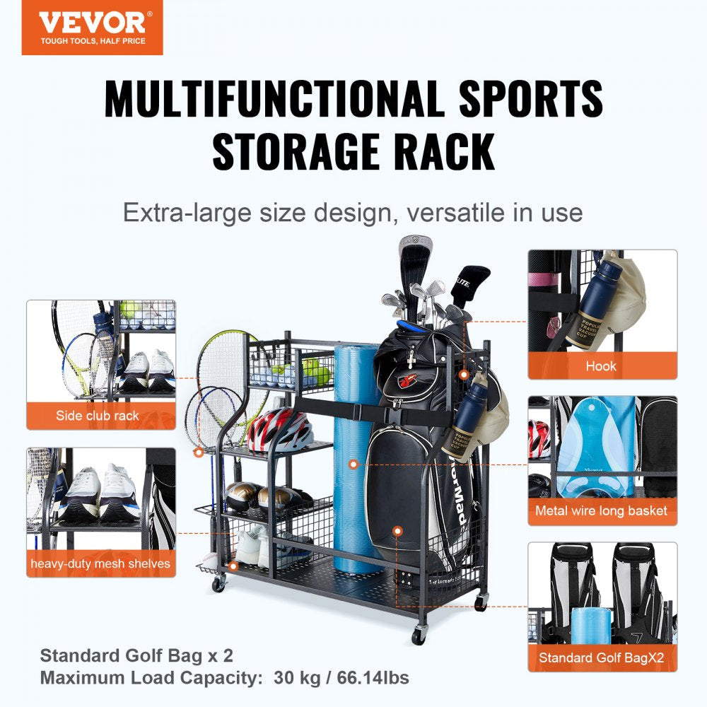 VEVOR Golf Storage Garage Organizer, 2 Golf Bag Stand Holder and Other Sports Equipment Storage Rack, Rolling Ball Cart on Wheels, Outdoor Sport Gear and Toy Storage with Baskets & Hooks, Steel, Black 