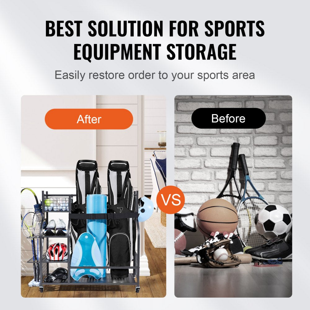 VEVOR Golf Storage Garage Organizer, 2 Golf Bag Stand Holder and Other Sports Equipment Storage Rack, Rolling Ball Cart on Wheels, Outdoor Sport Gear and Toy Storage with Baskets & Hooks, Steel, Black 