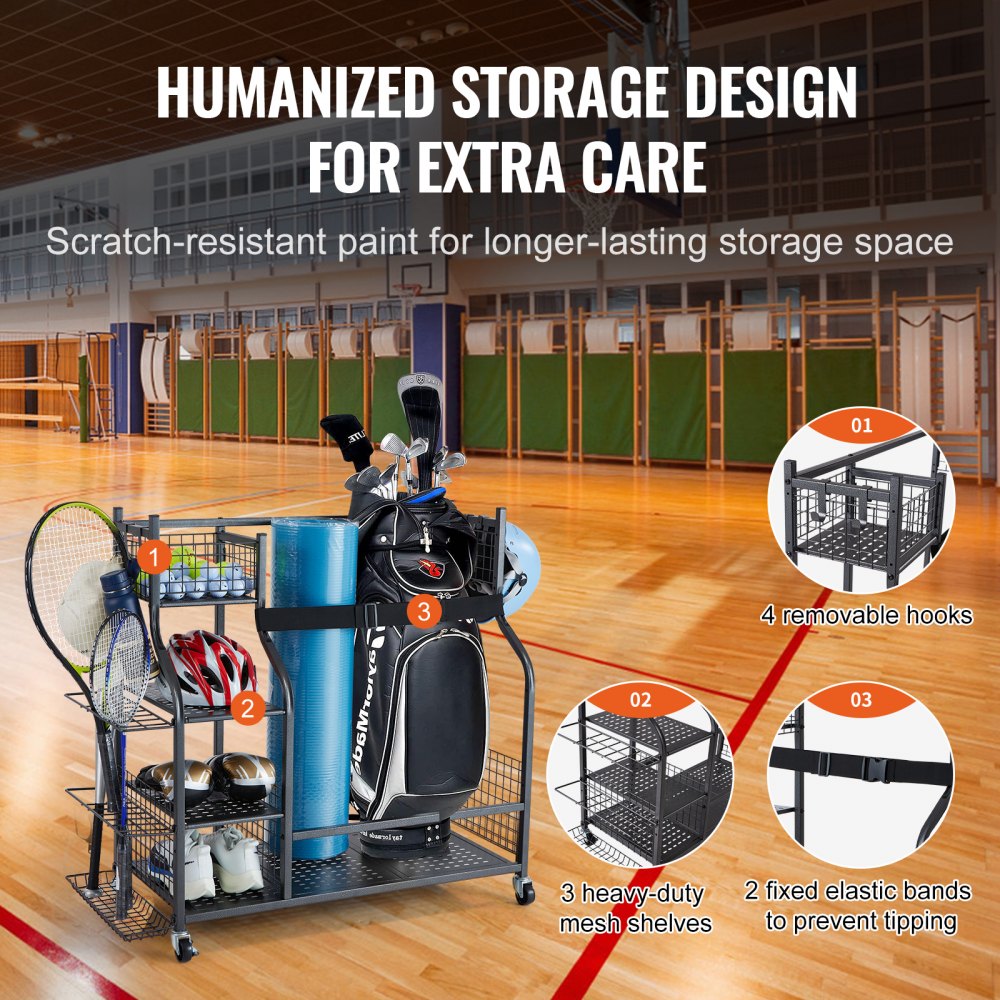 VEVOR Golf Storage Garage Organizer, 2 Golf Bag Stand Holder and Other Sports Equipment Storage Rack, Rolling Ball Cart on Wheels, Outdoor Sport Gear and Toy Storage with Baskets & Hooks, Steel, Black 