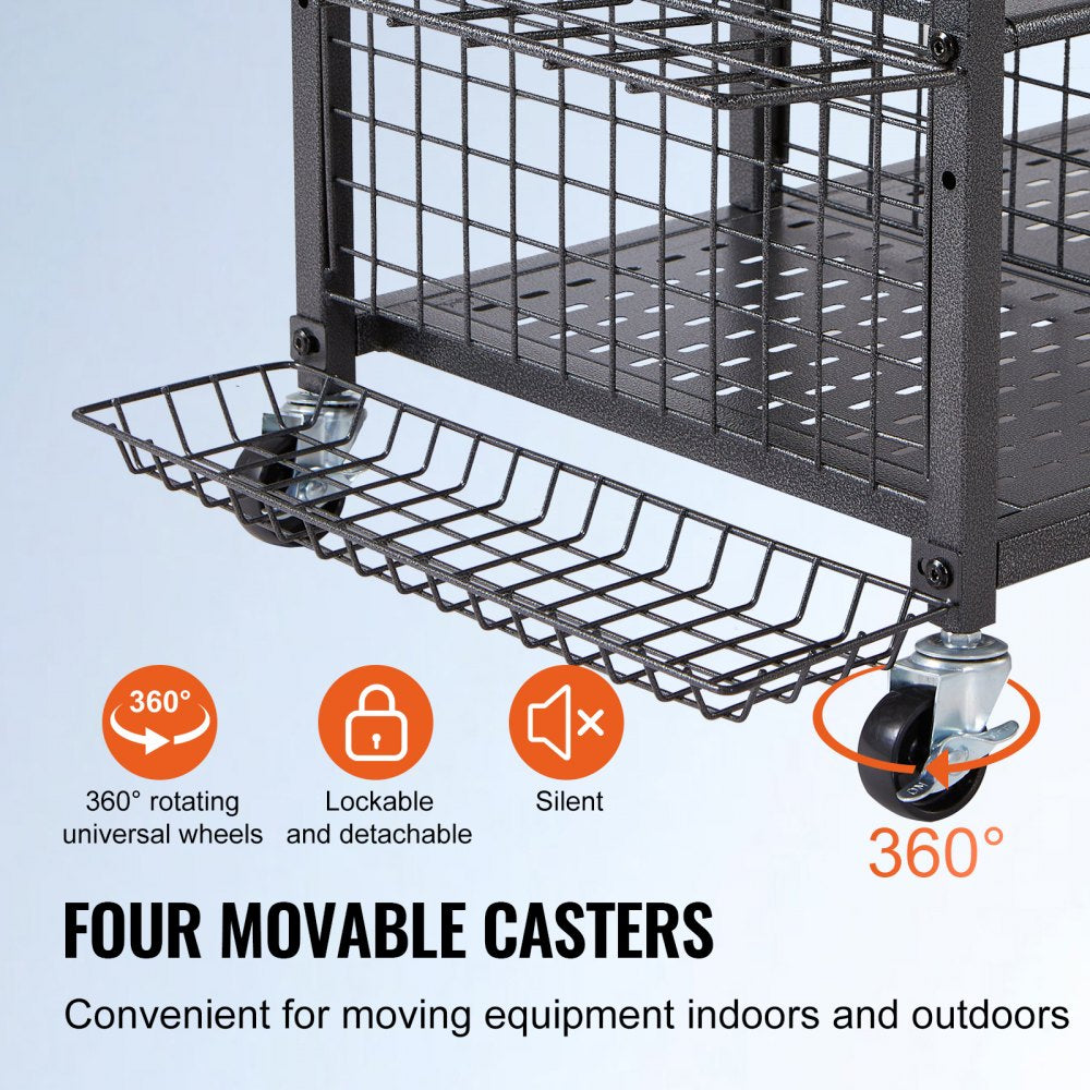 VEVOR Golf Storage Garage Organizer, 2 Golf Bag Stand Holder and Other Sports Equipment Storage Rack, Rolling Ball Cart on Wheels, Outdoor Sport Gear and Toy Storage with Baskets & Hooks, Steel, Black 