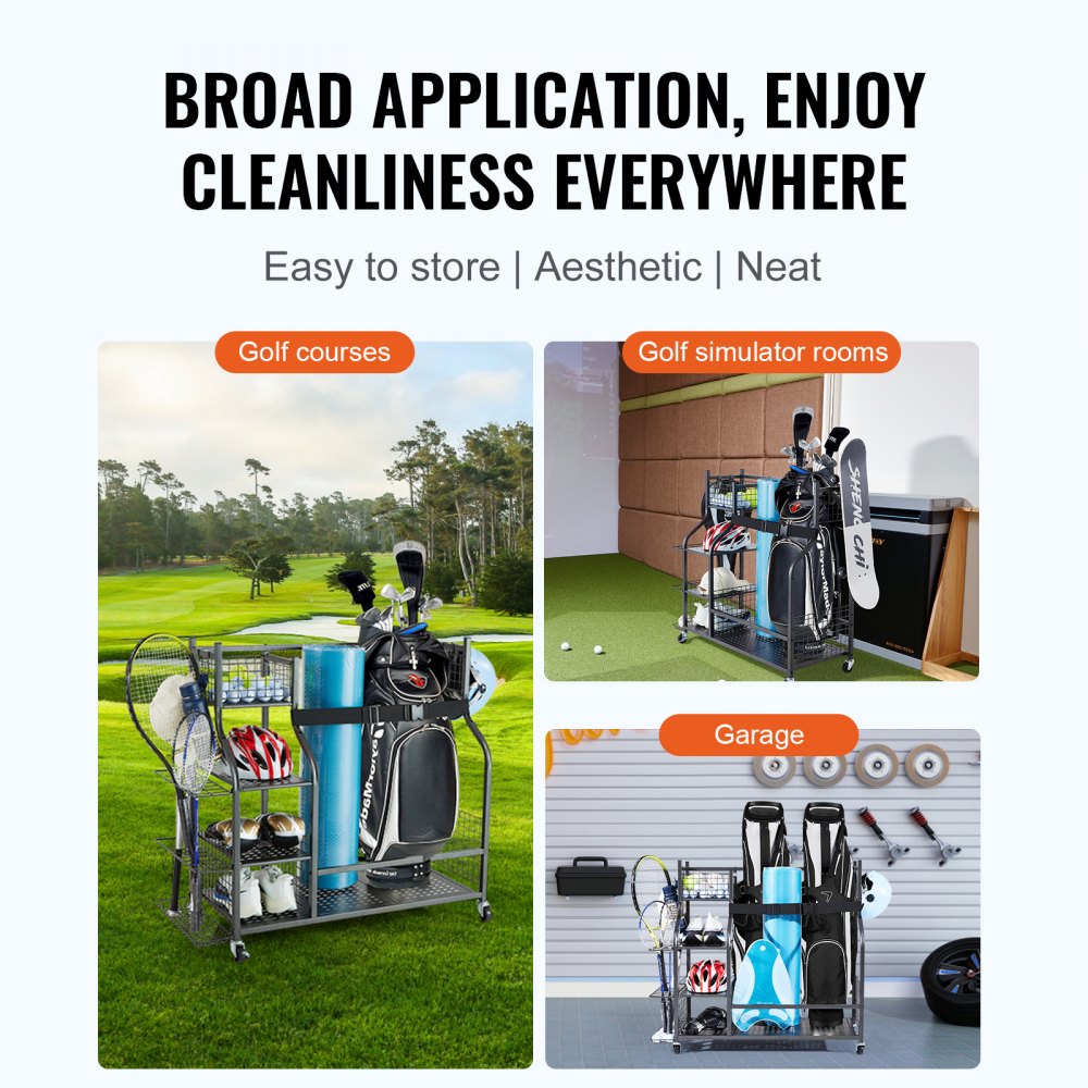 VEVOR Golf Storage Garage Organizer, 2 Golf Bag Stand Holder and Other Sports Equipment Storage Rack, Rolling Ball Cart on Wheels, Outdoor Sport Gear and Toy Storage with Baskets & Hooks, Steel, Black 